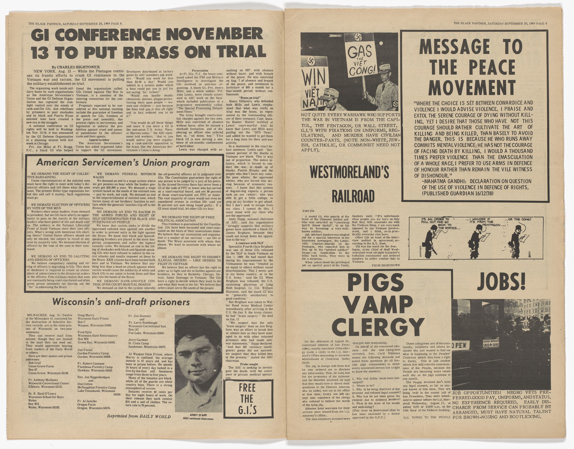 Emory Douglas, Yolanda Lopez. The Black Panther Newspaper, vol. 3, no. 22 (Our fight is not in Vietnam). 1969
