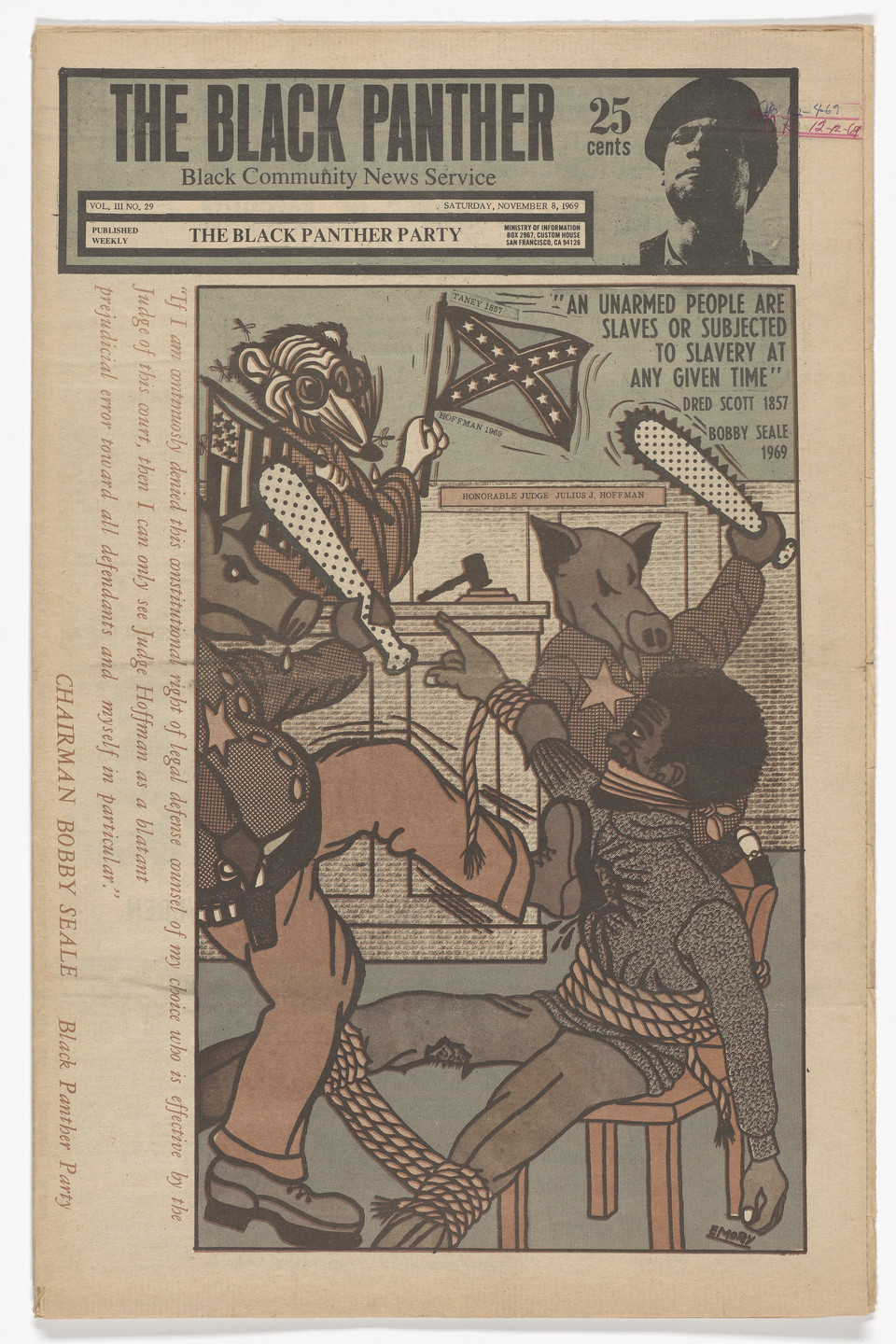 Emory Douglas. The Black Panther Newspaper, vol. 3, no. 29 (An unarmed people are slaves or subjected to slavery at any given time). 1969