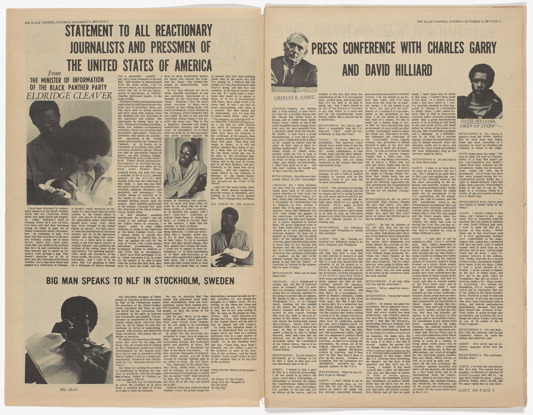 Emory Douglas. The Black Panther Newspaper, vol. 3, no. 29 (An unarmed people are slaves or subjected to slavery at any given time). 1969