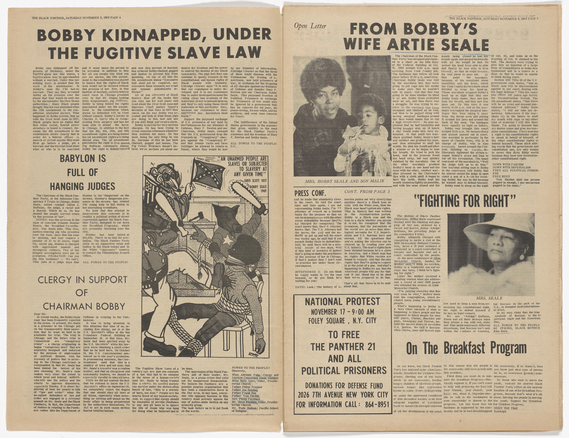 Emory Douglas. The Black Panther Newspaper, vol. 3, no. 29 (An unarmed people are slaves or subjected to slavery at any given time). 1969