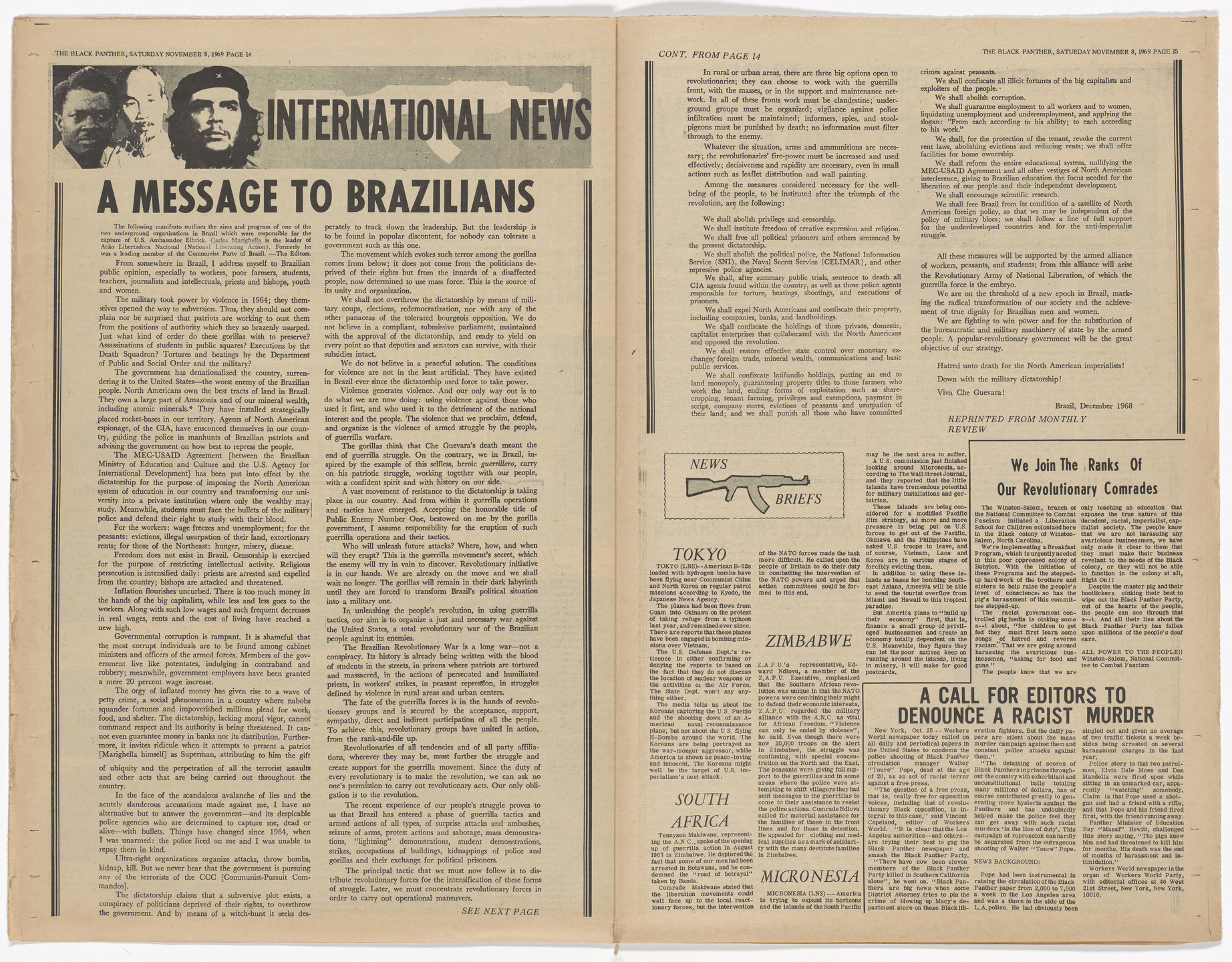 Emory Douglas. The Black Panther Newspaper, vol. 3, no. 29 (An unarmed people are slaves or subjected to slavery at any given time). 1969