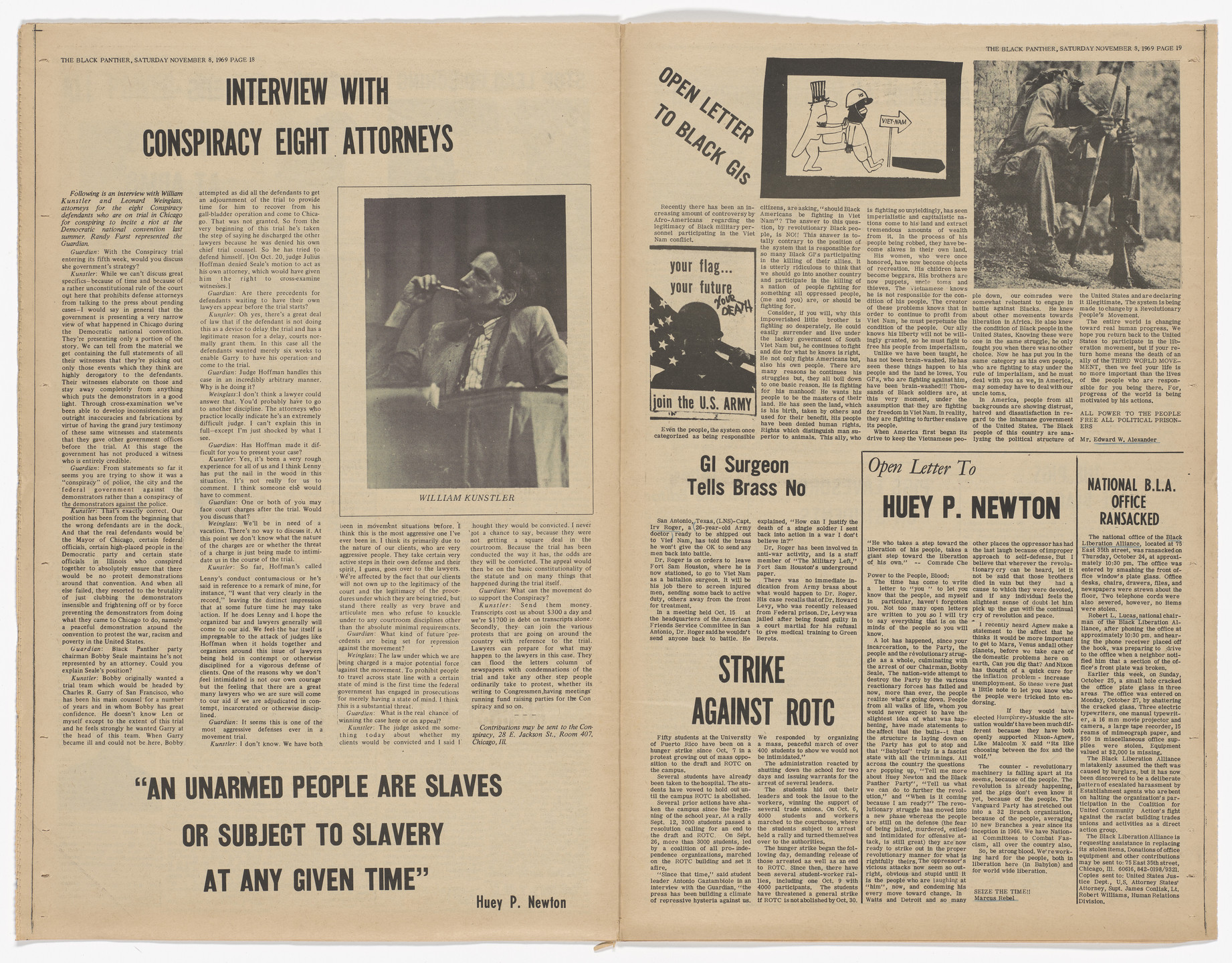 Emory Douglas. The Black Panther Newspaper, vol. 3, no. 29 (An unarmed people are slaves or subjected to slavery at any given time). 1969