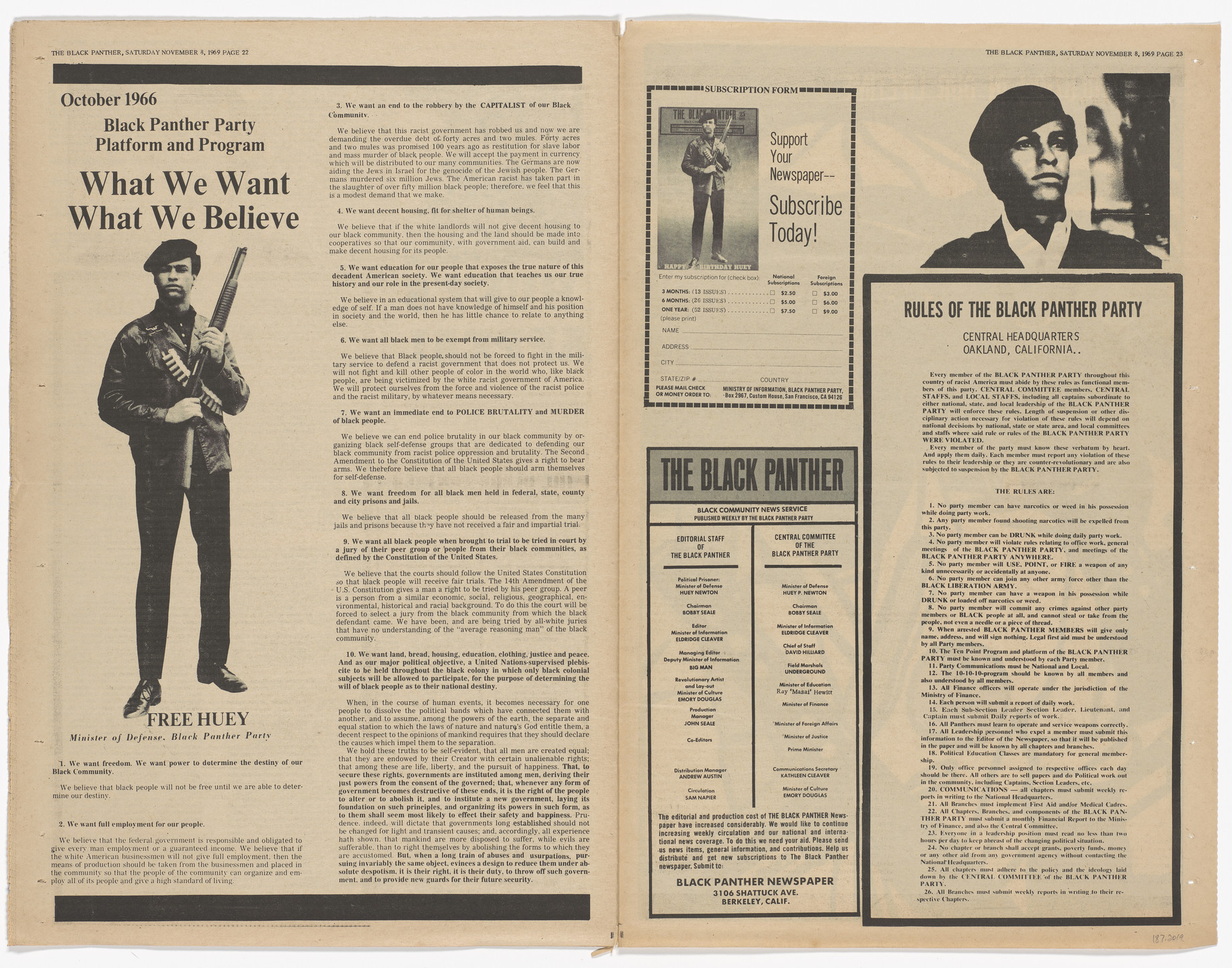 Emory Douglas. The Black Panther Newspaper, vol. 3, no. 29 (An unarmed people are slaves or subjected to slavery at any given time). 1969