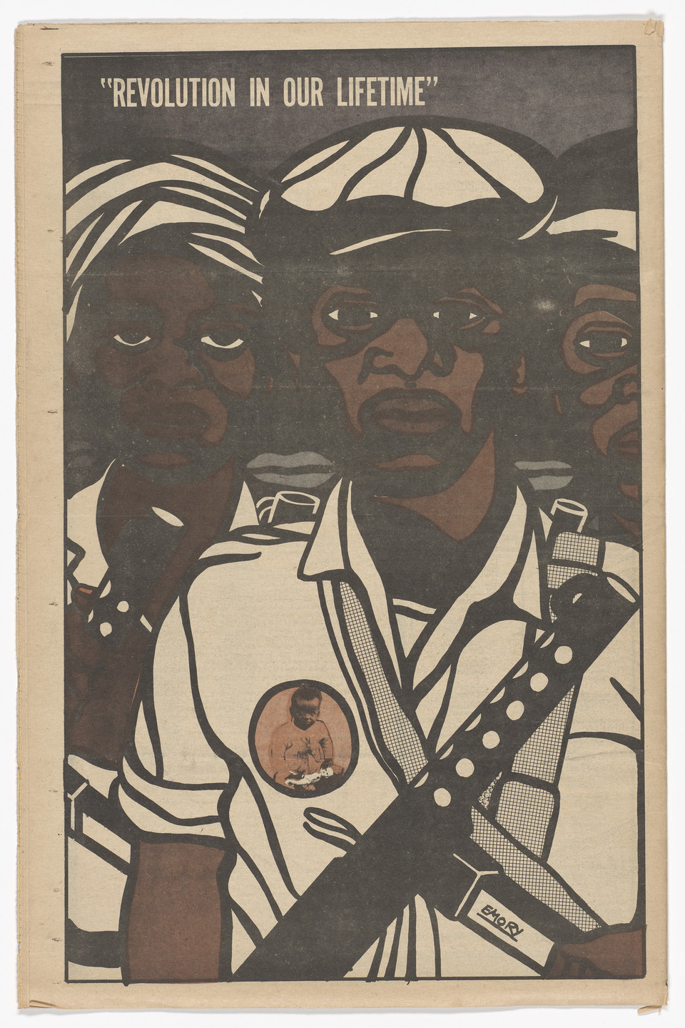 Emory Douglas. The Black Panther Newspaper, vol. 3, no. 29 (An unarmed people are slaves or subjected to slavery at any given time). 1969