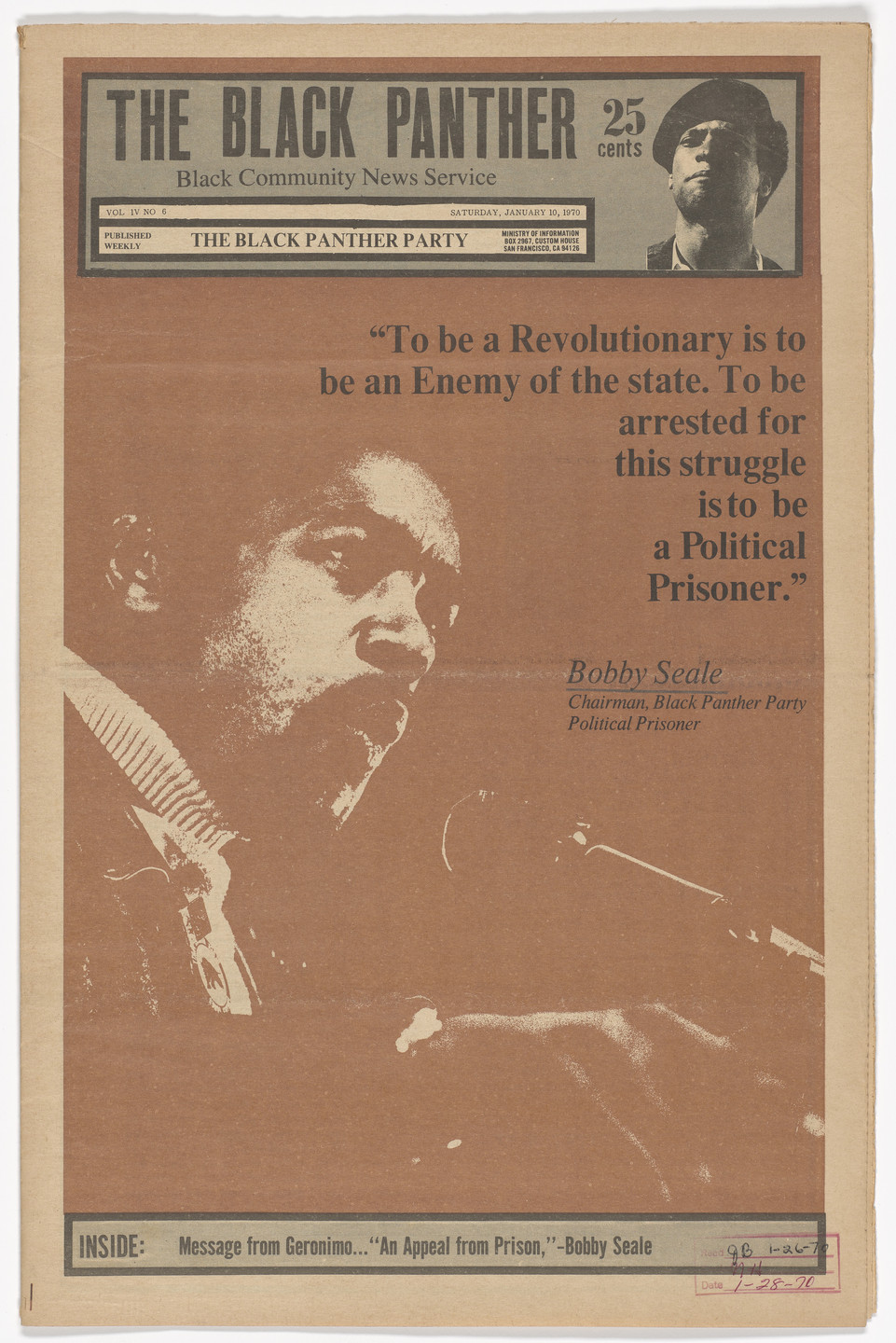 Emory Douglas. The Black Panther Newspaper, vol. 4, no. 6 (To be a revolutionary is to be an enemy of the state). 1970