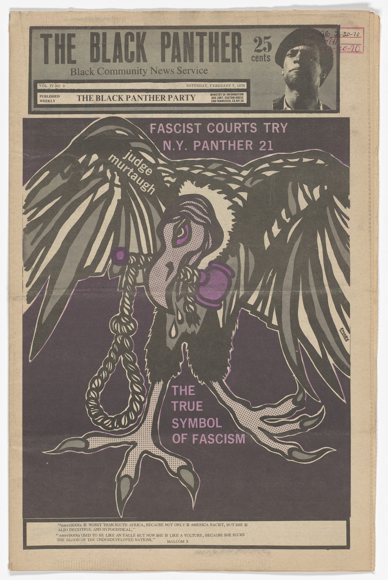 Emory Douglas. The Black Panther Newspaper, vol. 4, no. 9 (Judge ...
