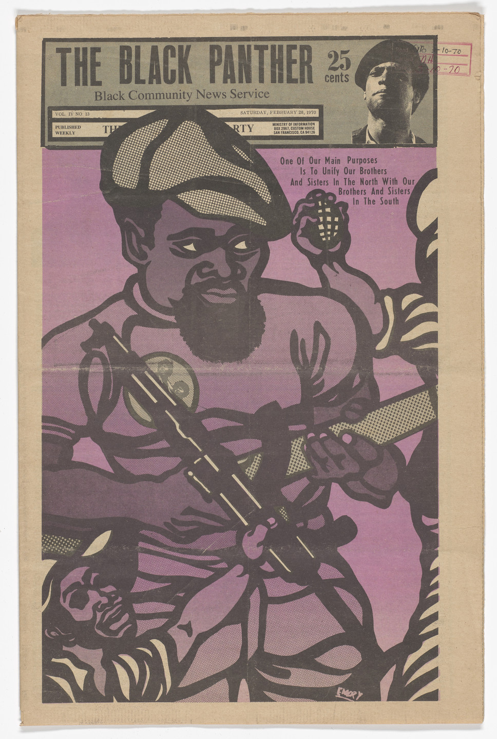 Emory Douglas. The Black Panther Newspaper, vol. 4, no.13 (Our main purpose). 1970