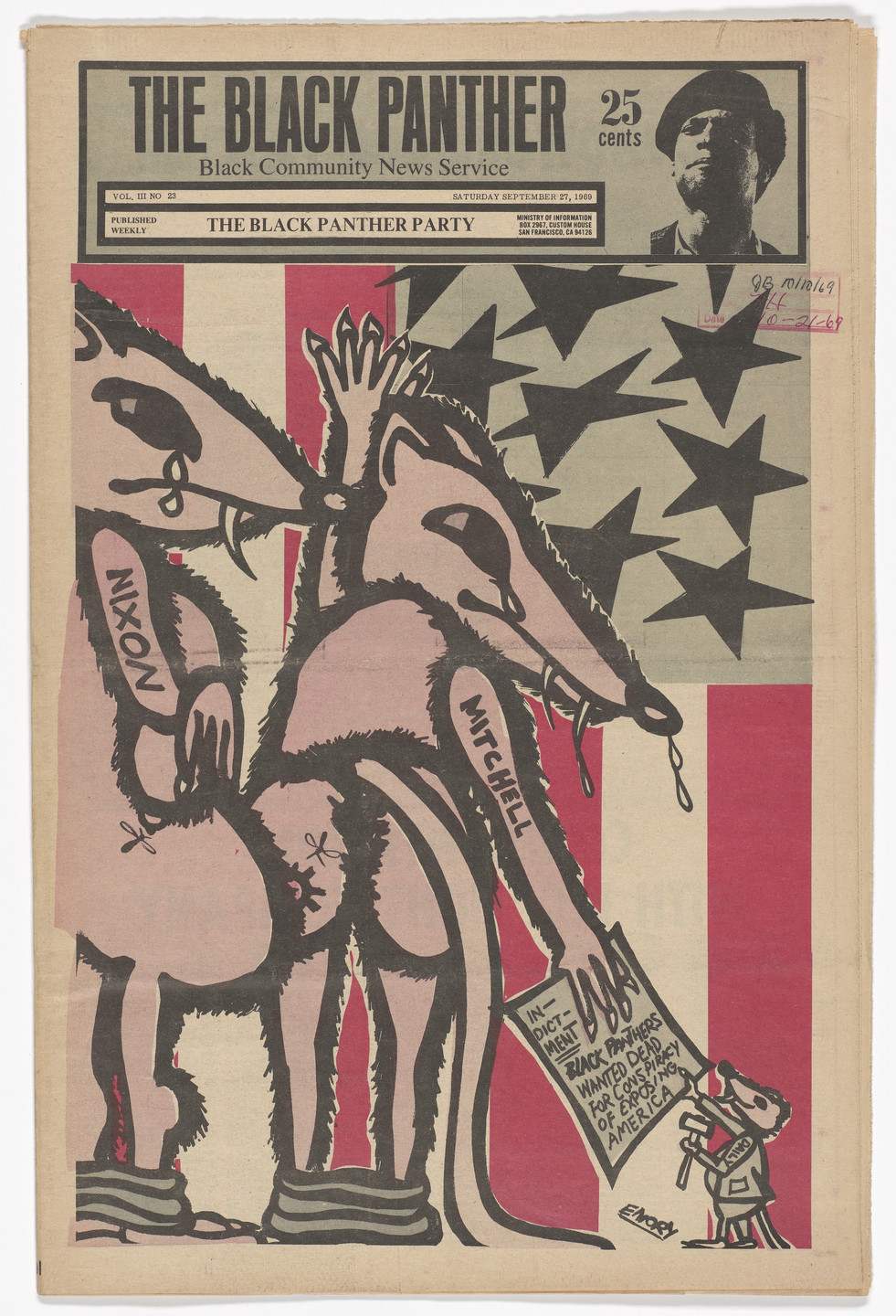 Emory Douglas. The Black Panther Newspaper, vol. 3, no. 23 (Nixon &amp; Mitchell: Panther&#39;s wanted dead for conspiracy of exposing America). 1969
