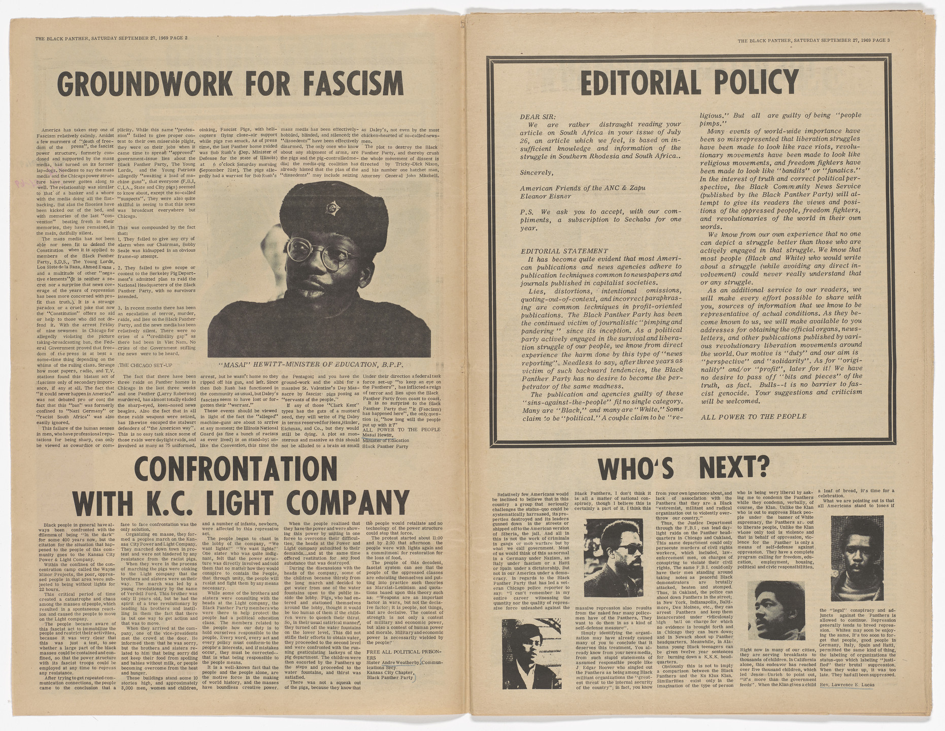 Emory Douglas. The Black Panther Newspaper, vol. 3, no. 23 (Nixon &amp; Mitchell: Panther&#39;s wanted dead for conspiracy of exposing America). 1969