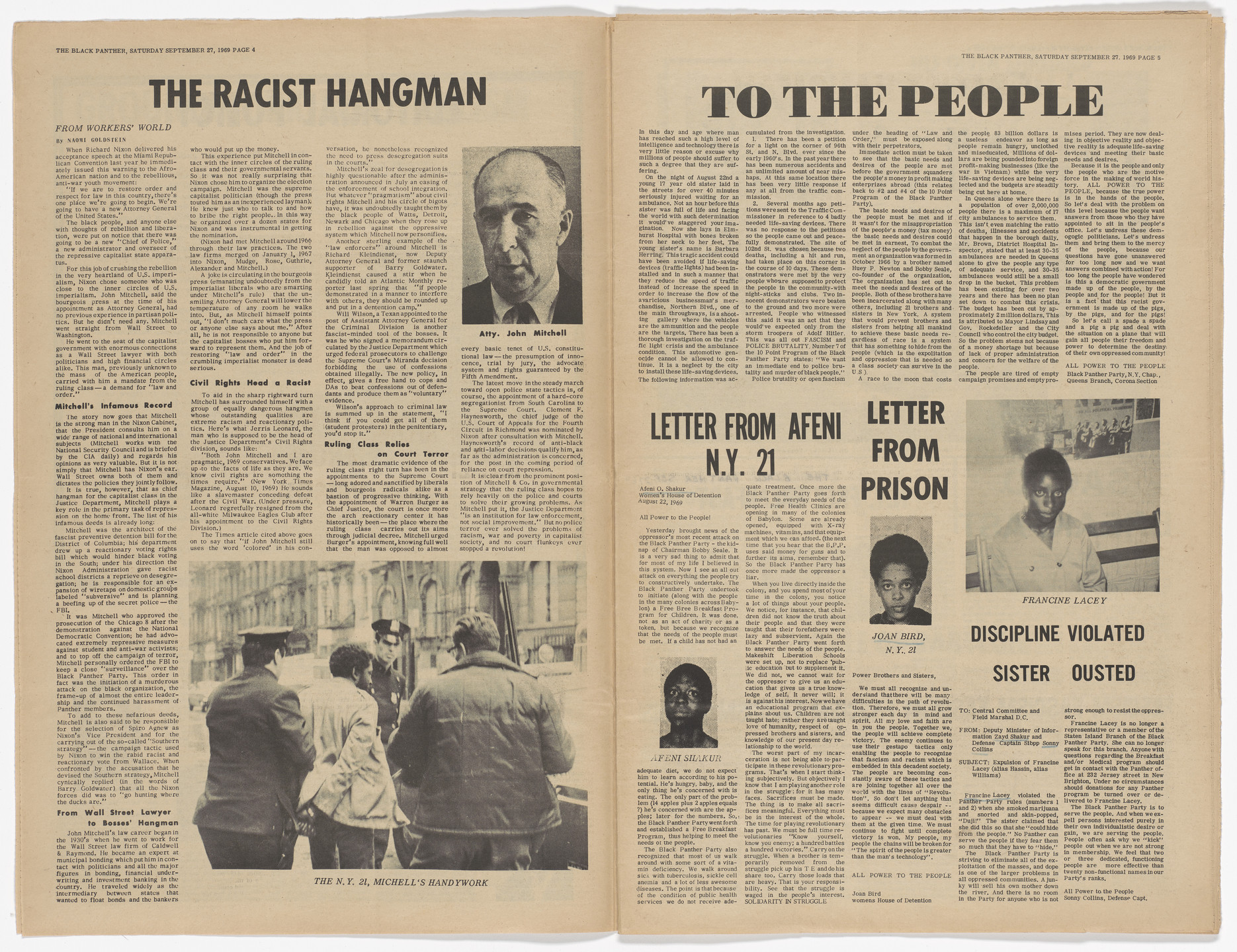 Emory Douglas. The Black Panther Newspaper, vol. 3, no. 23 (Nixon &amp; Mitchell: Panther&#39;s wanted dead for conspiracy of exposing America). 1969