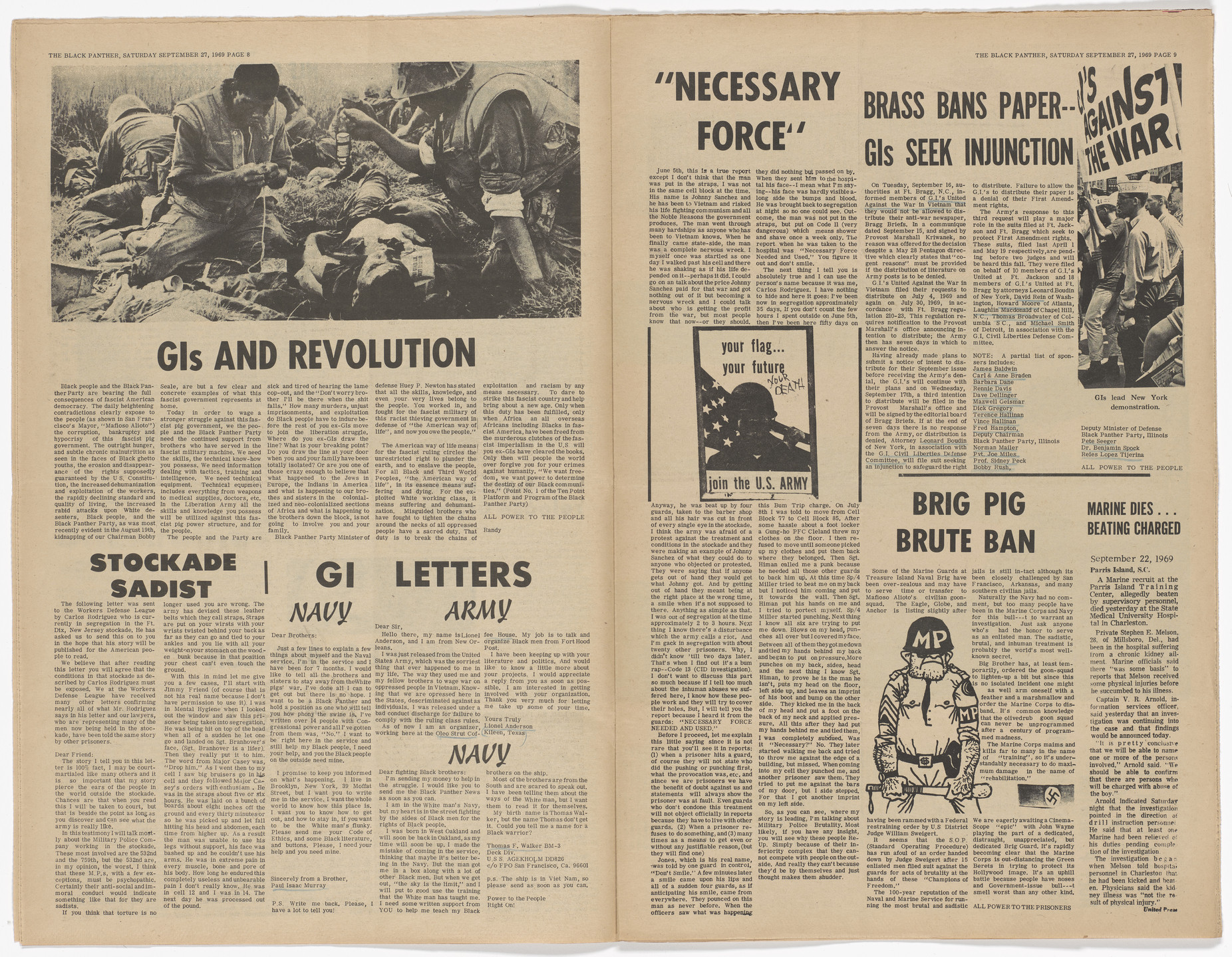 Emory Douglas. The Black Panther Newspaper, vol. 3, no. 23 (Nixon &amp; Mitchell: Panther&#39;s wanted dead for conspiracy of exposing America). 1969