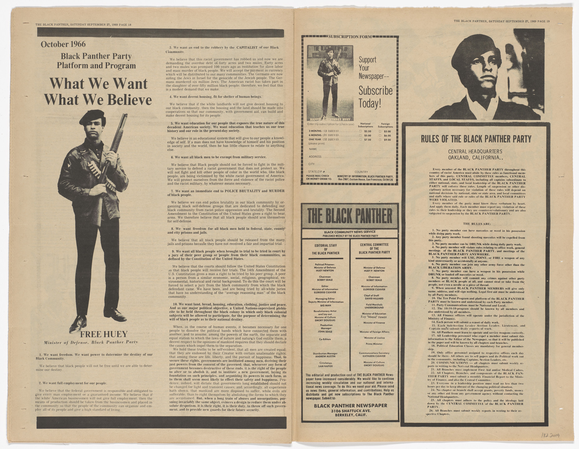 Emory Douglas. The Black Panther Newspaper, vol. 3, no. 23 (Nixon &amp; Mitchell: Panther&#39;s wanted dead for conspiracy of exposing America). 1969