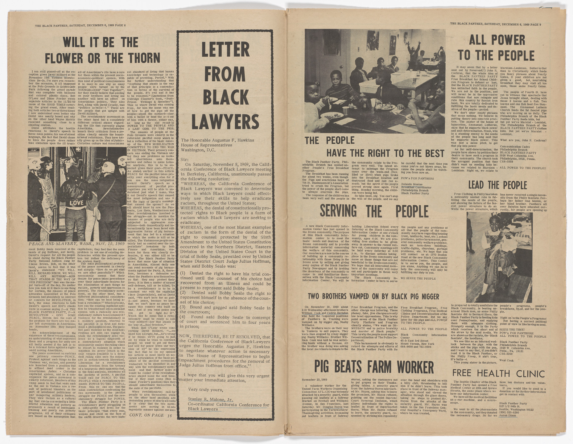 Emory Douglas. The Black Panther Newspaper, vol. 4, no.1 (The issue is the political prisoners of America). 1969