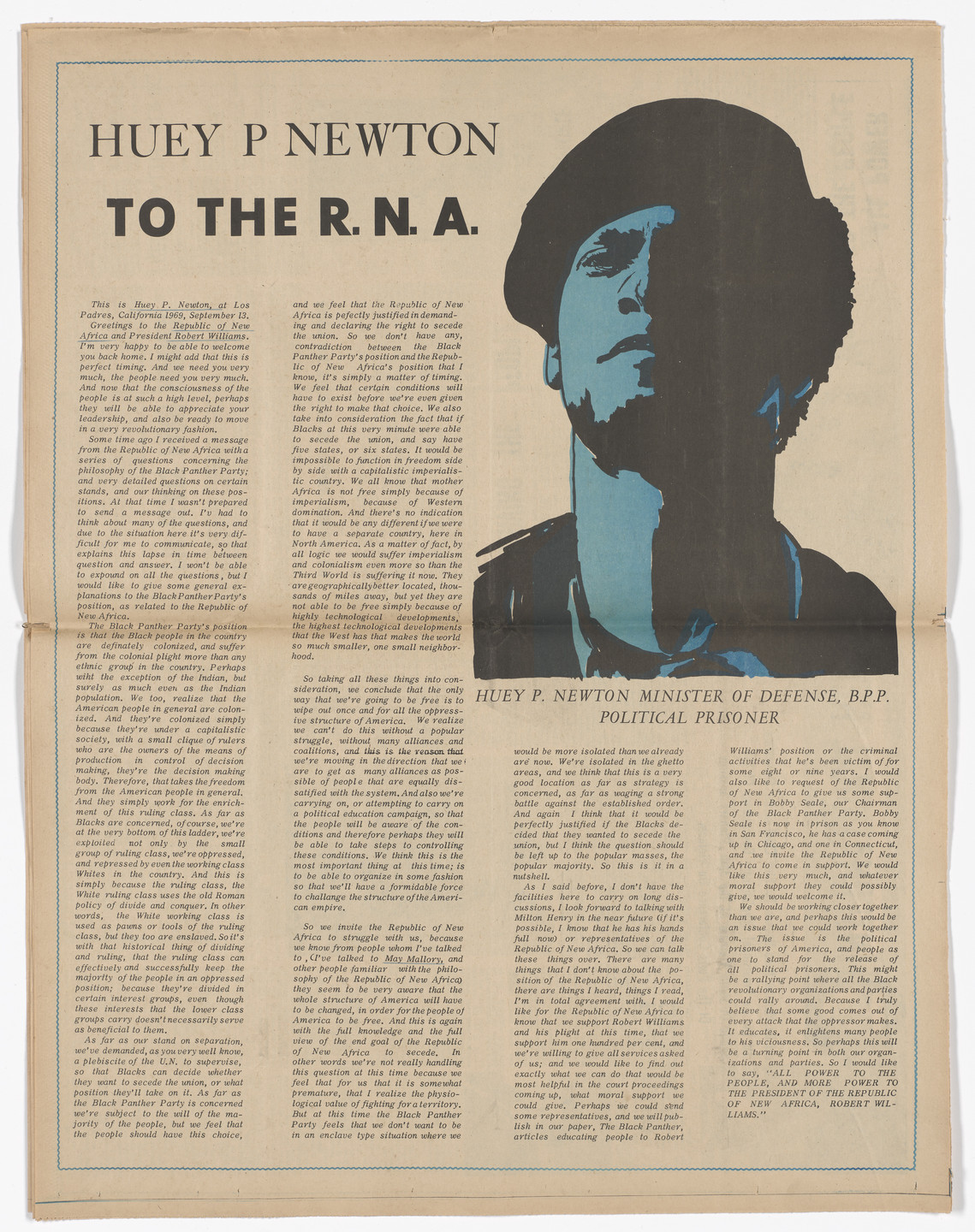 Emory Douglas. The Black Panther Newspaper, vol. 4, no.1 (The issue is the political prisoners of America). 1969