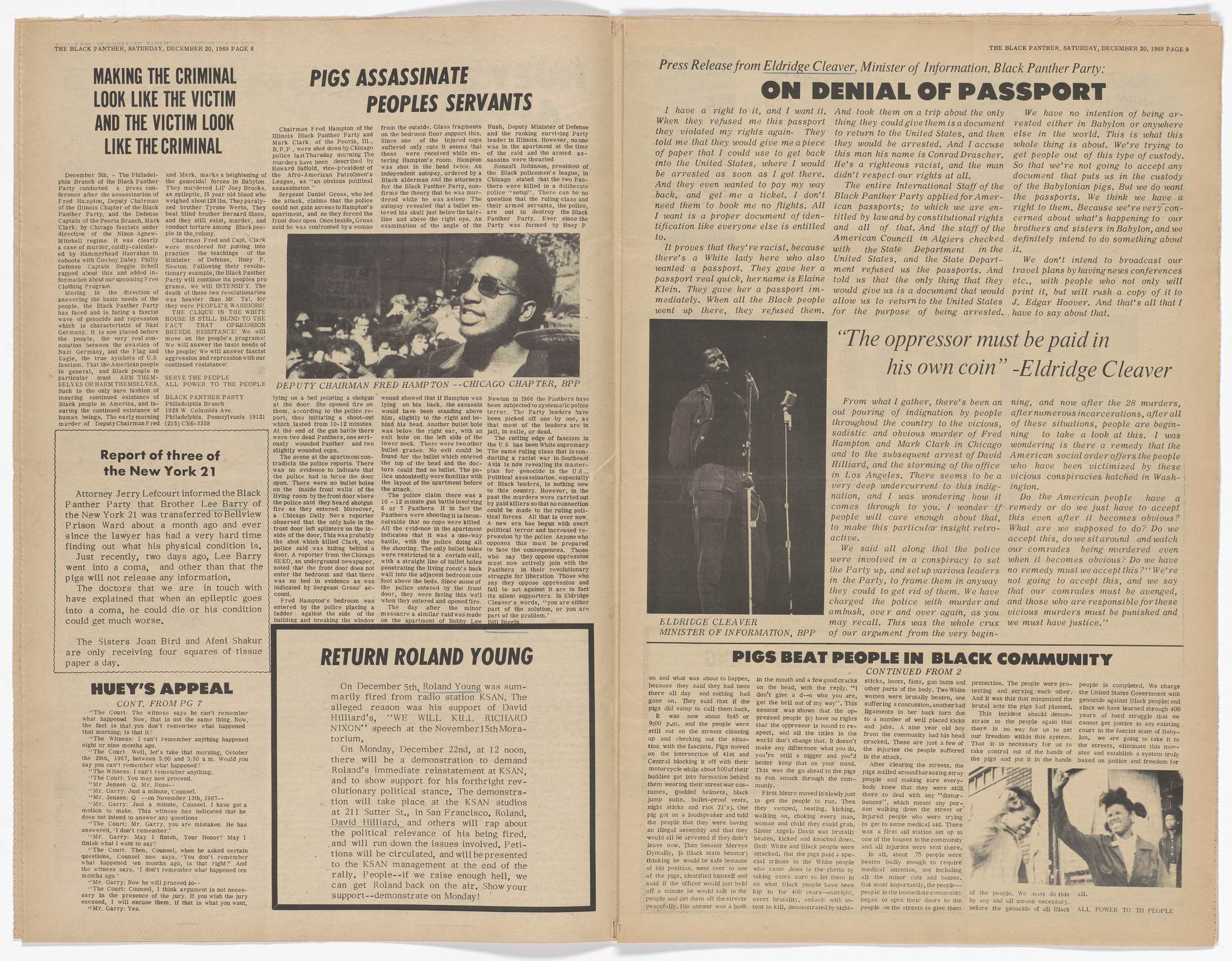 Emory Douglas. The Black Panther Newspaper, vol. 4, no. 3 (By lifting their hands against these revoluationaries, they lifted their hands against the best that humanity posesses). 1969
