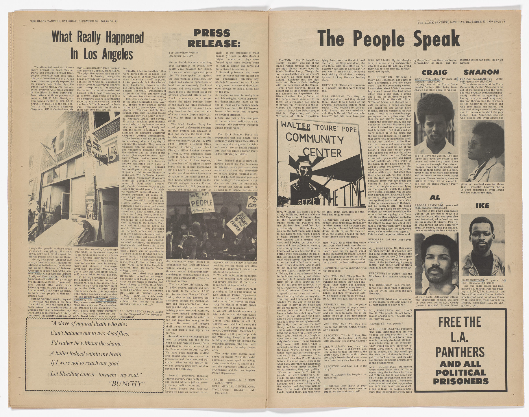 Emory Douglas. The Black Panther Newspaper, vol. 4, no. 3 (By lifting their hands against these revoluationaries, they lifted their hands against the best that humanity posesses). 1969