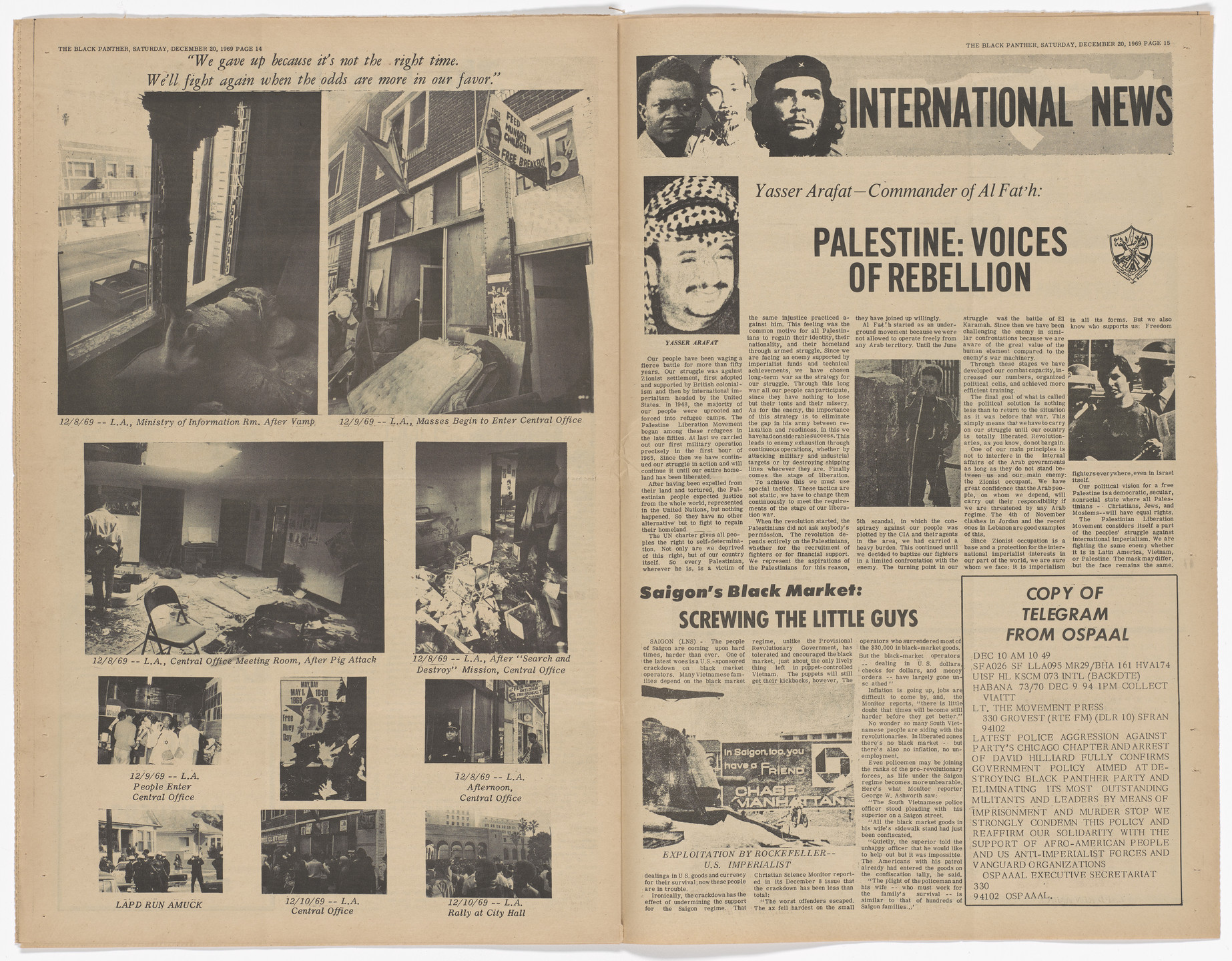 Emory Douglas. The Black Panther Newspaper, vol. 4, no. 3 (By lifting their hands against these revoluationaries, they lifted their hands against the best that humanity posesses). 1969