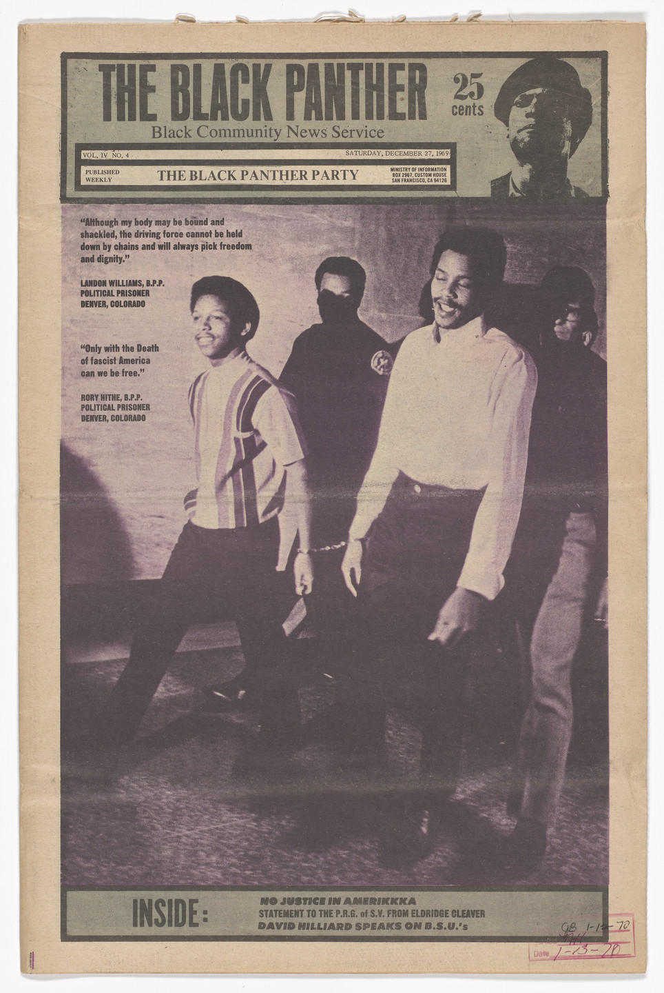 Emory Douglas. The Black Panther Newspaper, vol. 4, no. 4 (No justice in Amerikkka). 1969