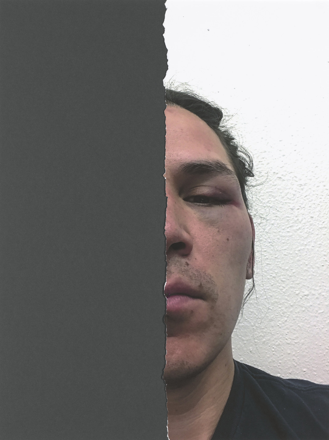 Nicholas Galanin. The violence of blood quantum, half human (animal), half human (animal) after James Luna. 2019