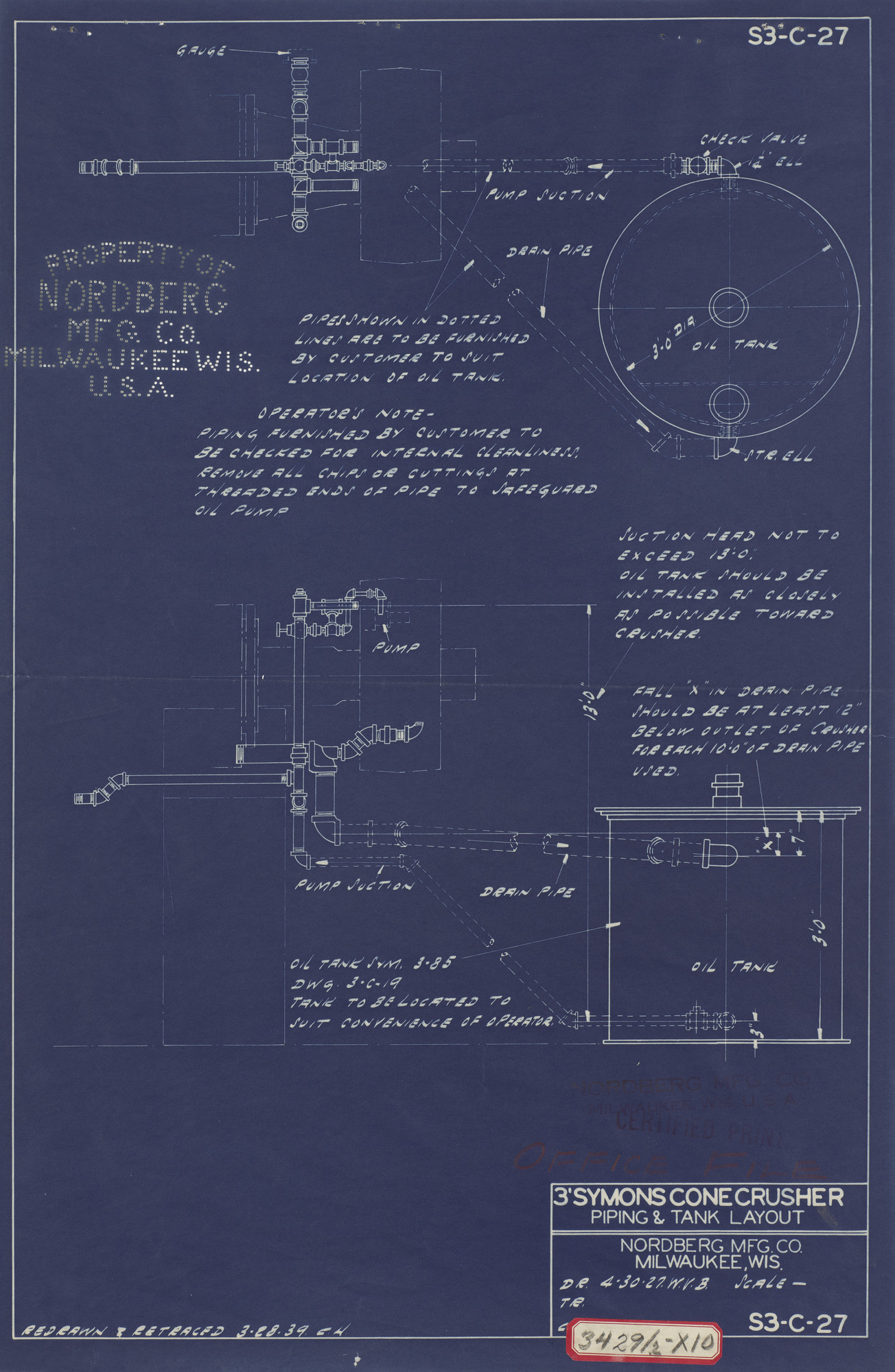 Nordberg Manufacturing Company, Milwaukee, Wisconsin. 3' Symons Cone Crusher: Piping & Tank Layout