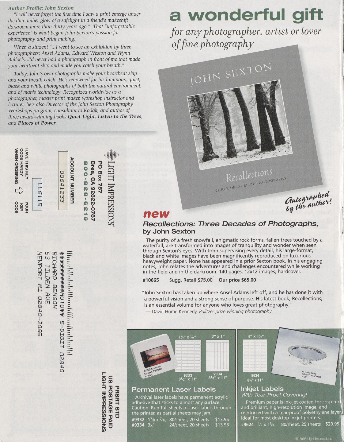 Light Impressions, Rochester, NY. Light Impressions mail-order catalog, back cover. 2006