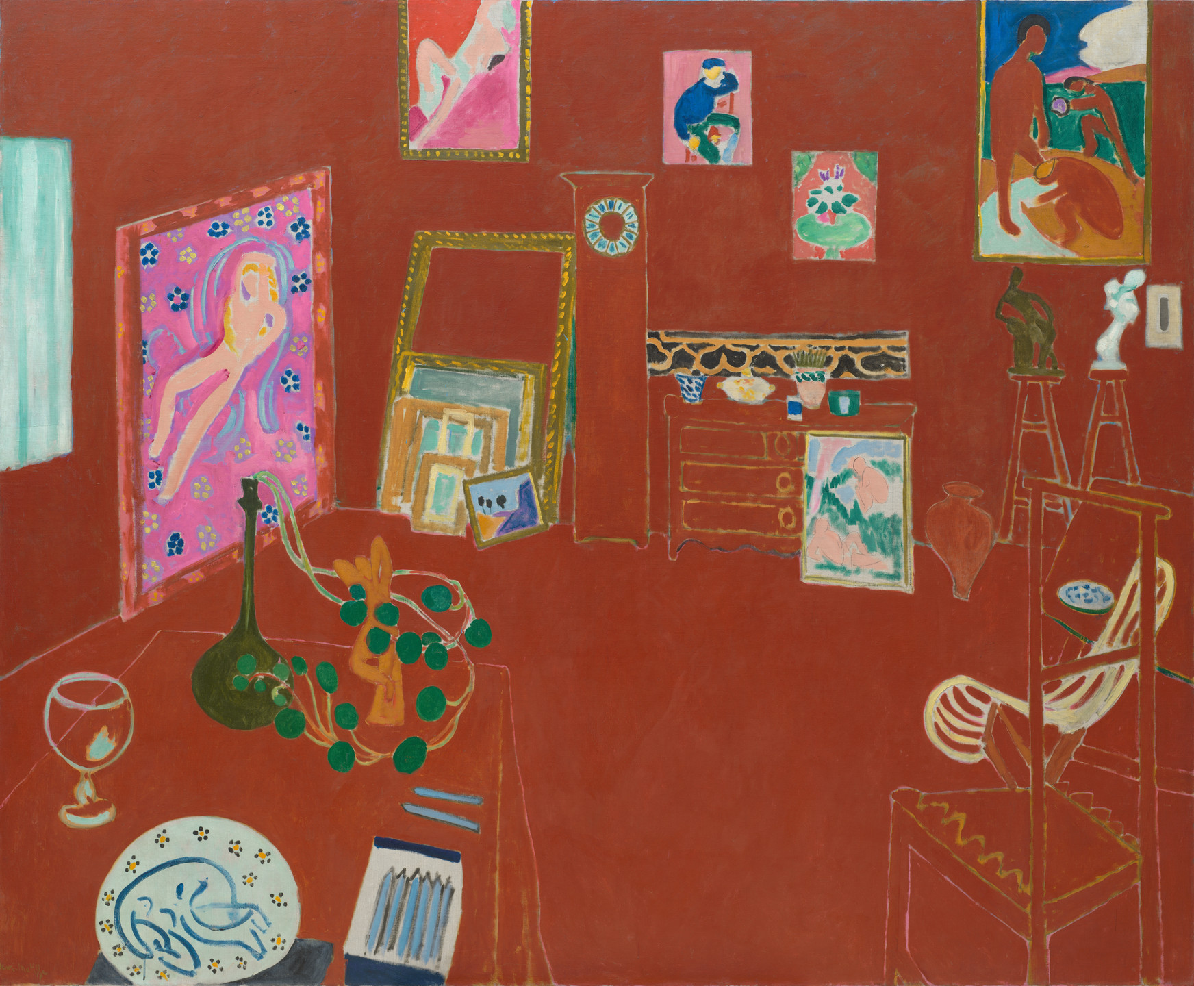 This painting of a room is almost entirely tomato red. It is punctuated by colorful paintings and objects. Scattered throughout is red pieces of furniture, defined only by lighter colored outlines. This is an AI generated description. To give feedback, email ai@moma.org.