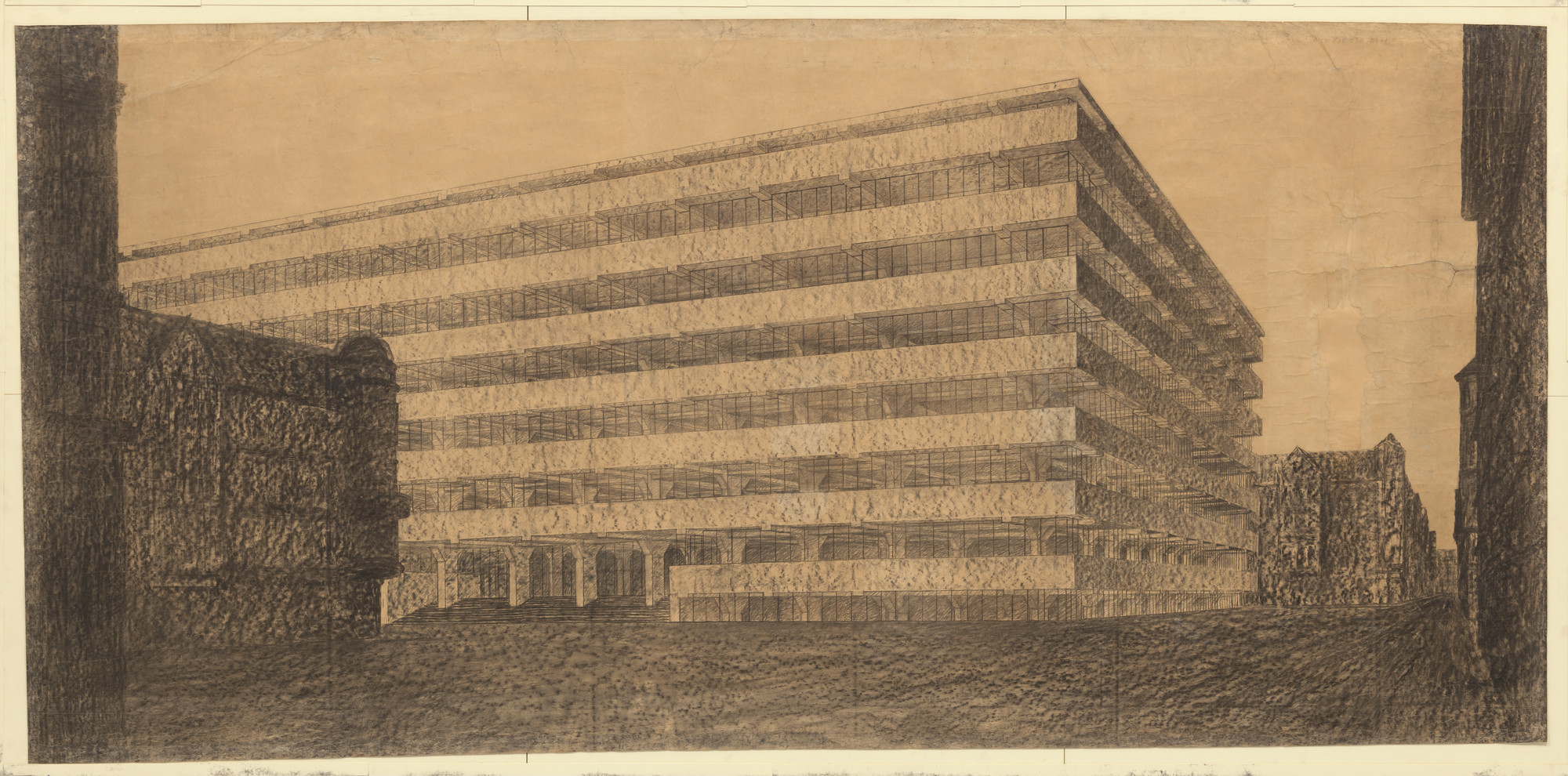 Ludwig Mies van der Rohe. Concrete Office Building Project, Berlin, Germany (Exterior perspective). 1923