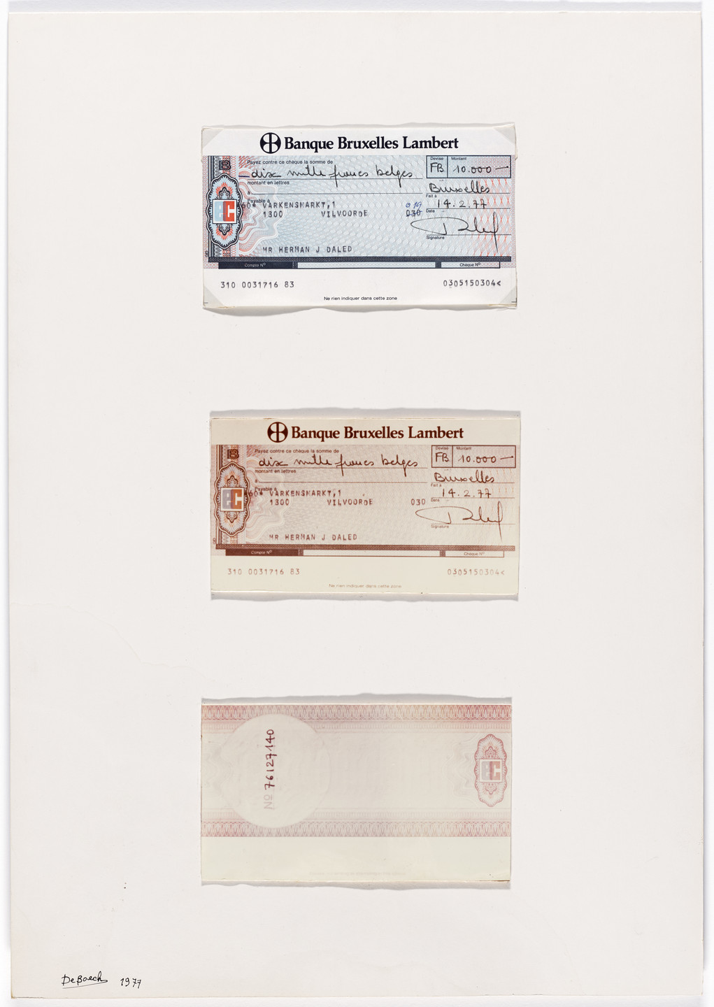 Robert De Boeck. Chèque H.Daled. 1977