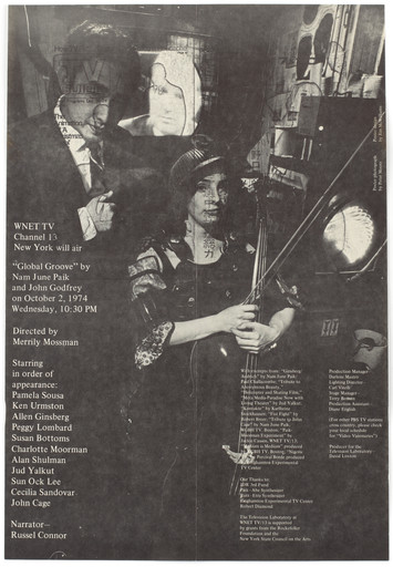 Jim McWilliams with Peter Moore, Nam June Paik, John Godfrey. Announcement for the airing of Global Groove by Nam June Paik and John Godfrey, WNET TV, October 2, 1974. 1974