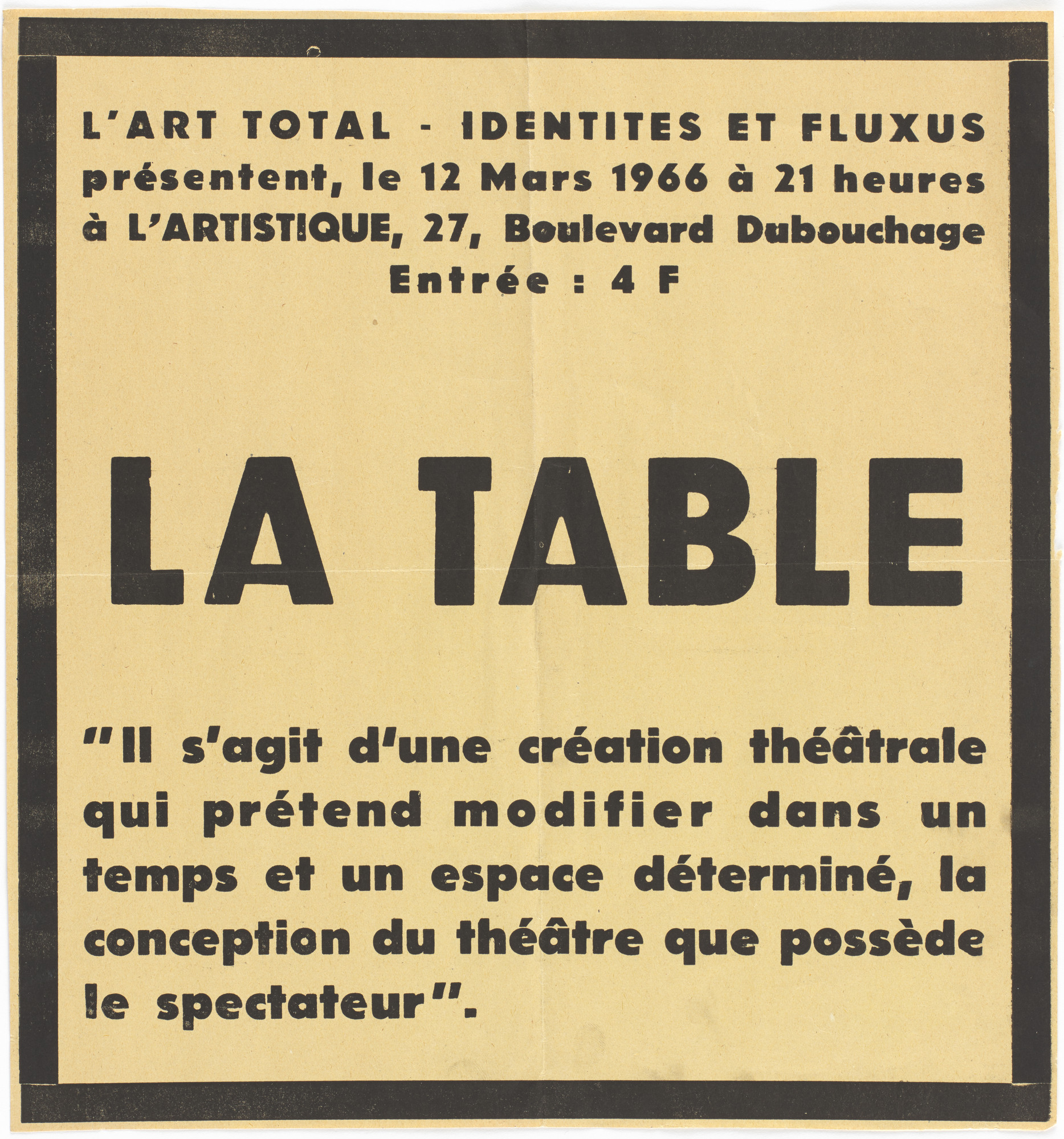 Ben Vautier. Poster for La Table , L'Artistique, Nice, March 12, 1966