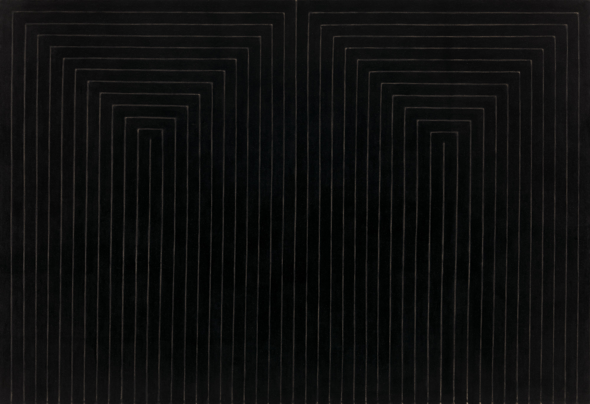 The image has a black background with a pattern of thin, gray lines forming nested, right-angled shapes that appear to create an inward focus near the center. The design is symmetrical, with lines converging from all sides. This is an AI generated description. To give feedback, email ai@moma.org.