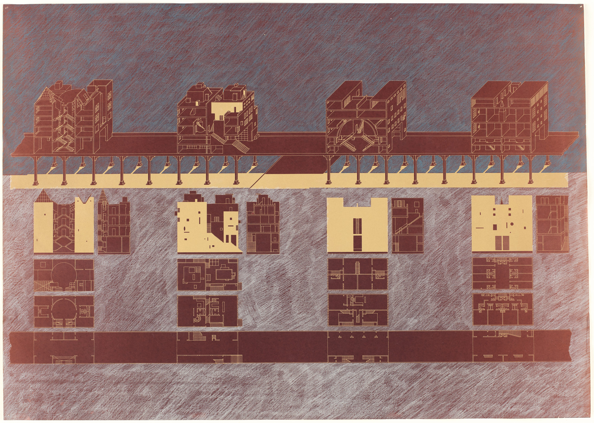 Steven Holl. Bridge of Houses Project, New York, NY (Isometric perspective, elevation, section and plan). 1981