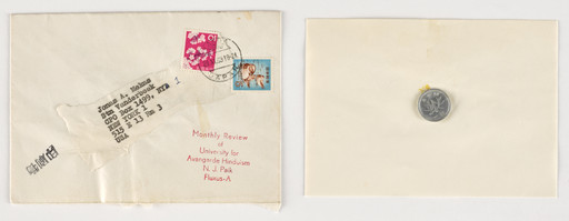 Nam June Paik. The Monthly Review of the University for Avant-garde Hinduism mailing (1 Cent Coin in Envelope). 1963