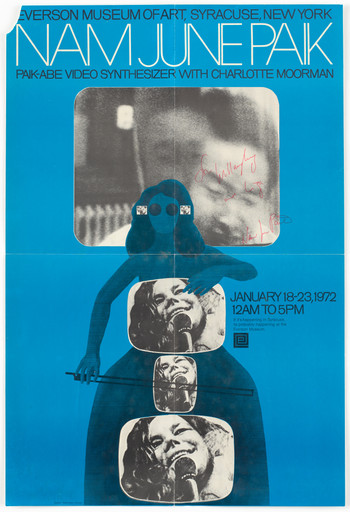 Mastropaul Design with Nam June Paik, Charlotte Moorman. Poster for Nam June Paik: Paik-Abe Video Synthesizer with Charlotte Moorman, Everson Museum of Art, Syracuse, NY, January 18–23, 1972. 1972