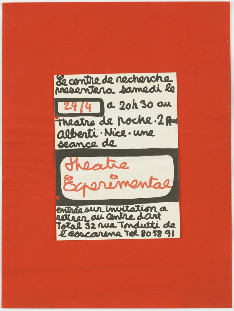 Poster for Théâtre expérimental, 2 rue Alberti and 32 rue Tonduti de l'Escarène, Nice, April 24, 1965