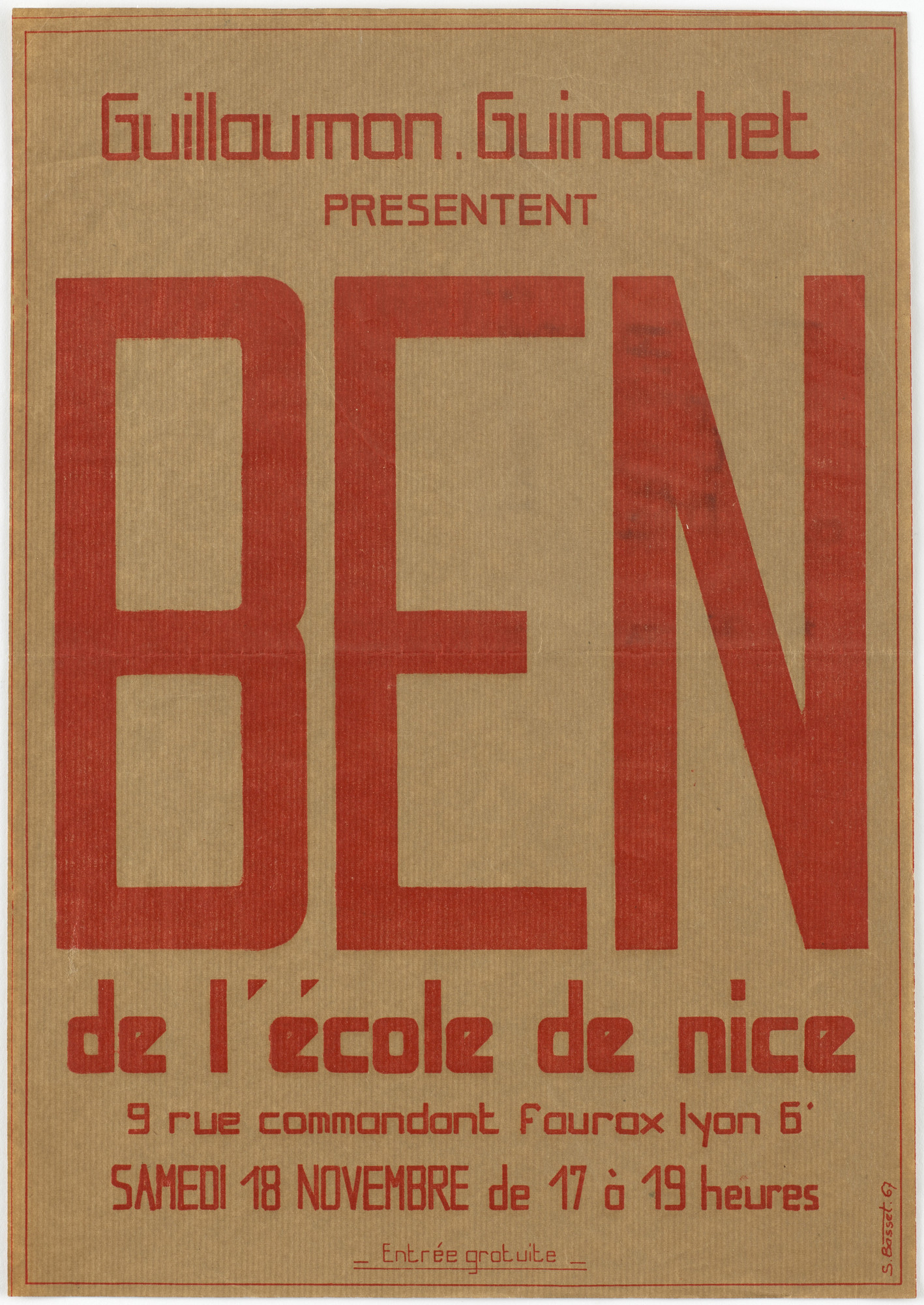 Ben Vautier. Poster for Ben de l'école de Nice, November 18, 1967
