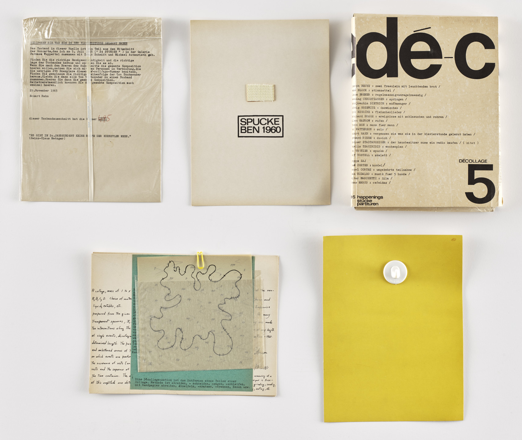 Various Artists, Joseph Beuys, René Block, Claus Bremer, Henning Christiansen, Hans Joachim Dietrich, Ludwig Gosewitz, Dick Higgins, Bernhard Höke, Allan Kaprow, Franz Mon, Benjamin Patterson, Eckart Rahn, Gerhard Rühm, Vagelis Tsakiridis, Ben Vautier, Wolf Vostell, ZAJ. dé-coll/age, no. 5. 1966