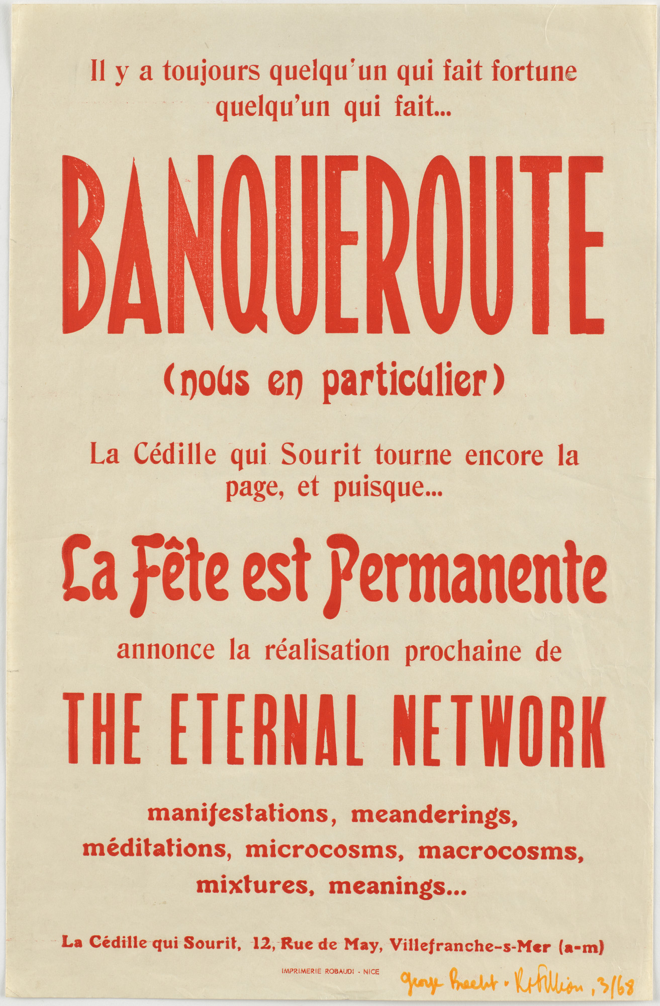 George Brecht, Robert Filliou. Poster for Banqueroute, La Cédille qui Sourit, Villefranche-sur-Mer, March 1968