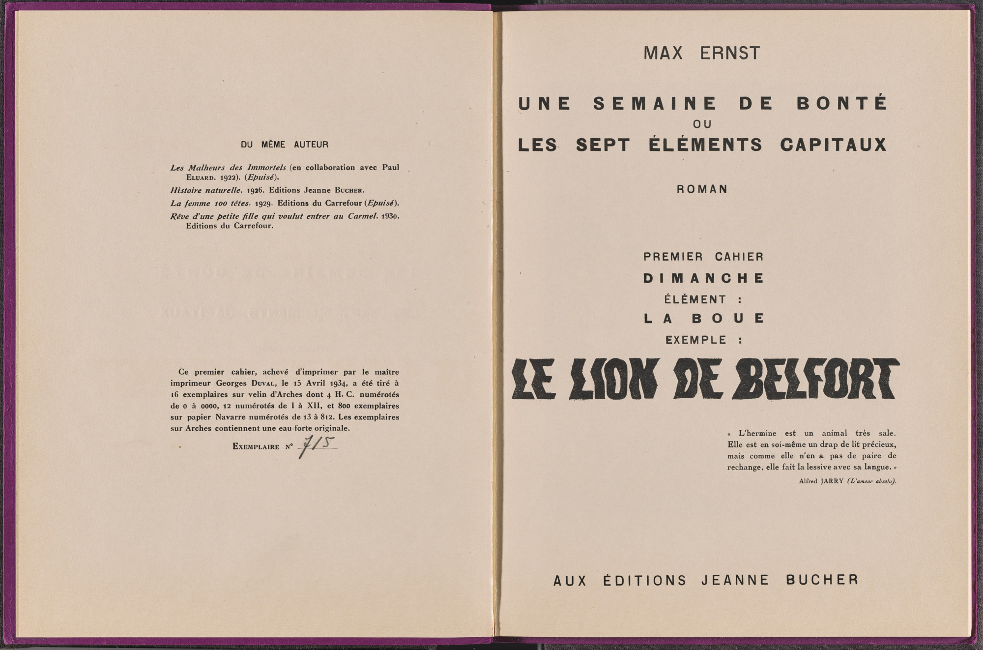 Max Ernst. Volume I: Le Lion de Belfort (Volume I: The Lion of Belfort) from Une Semaine de bonté ou les sept éléments capitaux (A Week of Kindness or the Seven Deadly Elements). 1933–34, published 1934