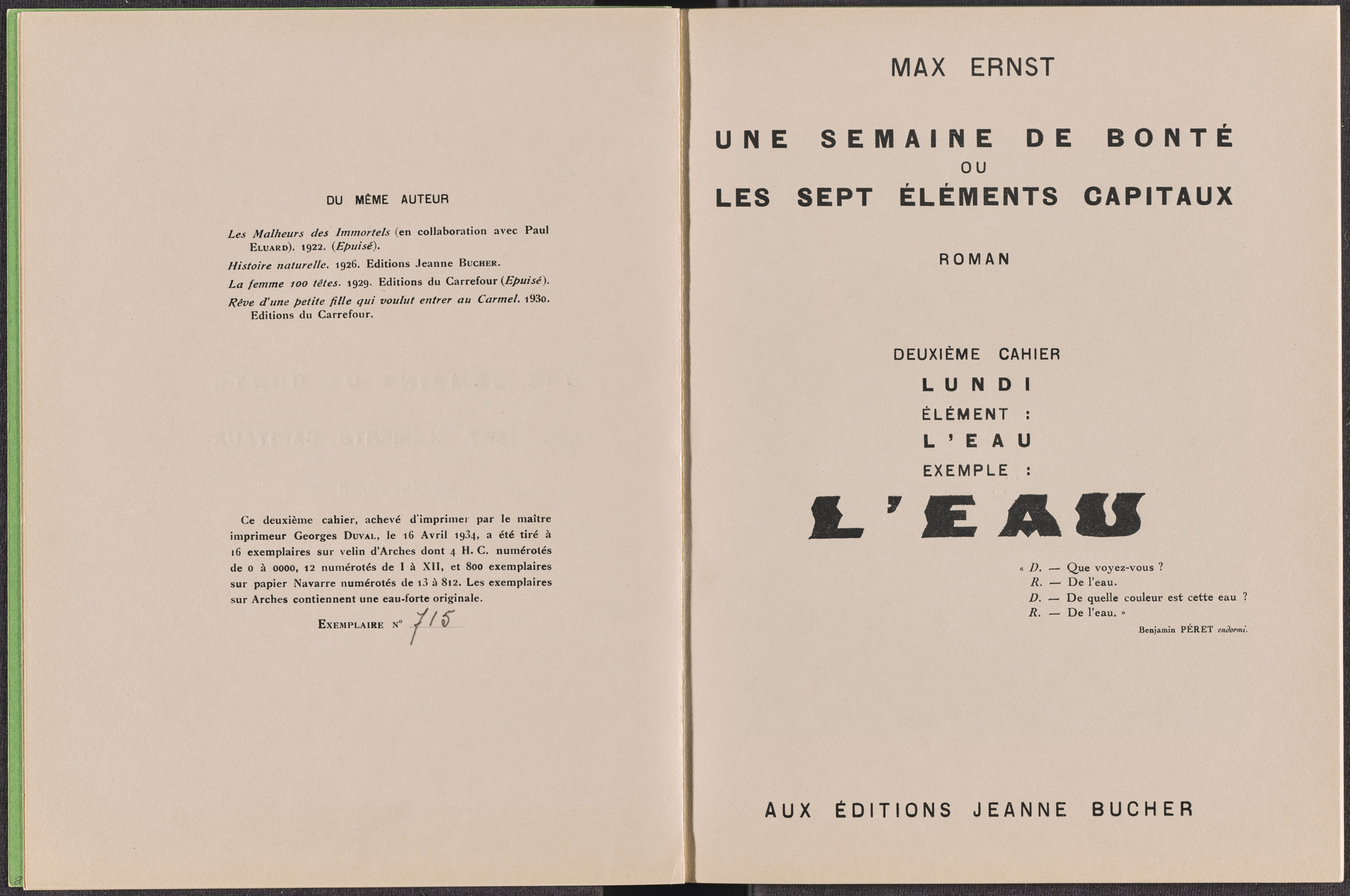 Max Ernst. Volume II: L&#39;Eau (Volume II: Water) from Une Semaine de bonté ou les sept éléments capitaux (A Week of Kindness or the Seven Deadly Elements). 1933–34, published 1934