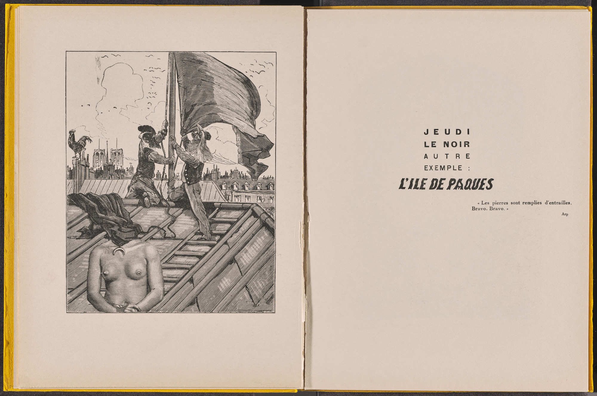 Max Ernst. Volume V: Le Rire du coq, L'Ile de Pâques, L'Intérieur de la vue, La Clé des chants (Volume V: The Rooster's Laugh, Easter Island, The Interior of Sight, The Key to Songs) from Une Semaine de bonté (A Week of Kindness or the Seven Deadly Elements). 1933–34, published 1934