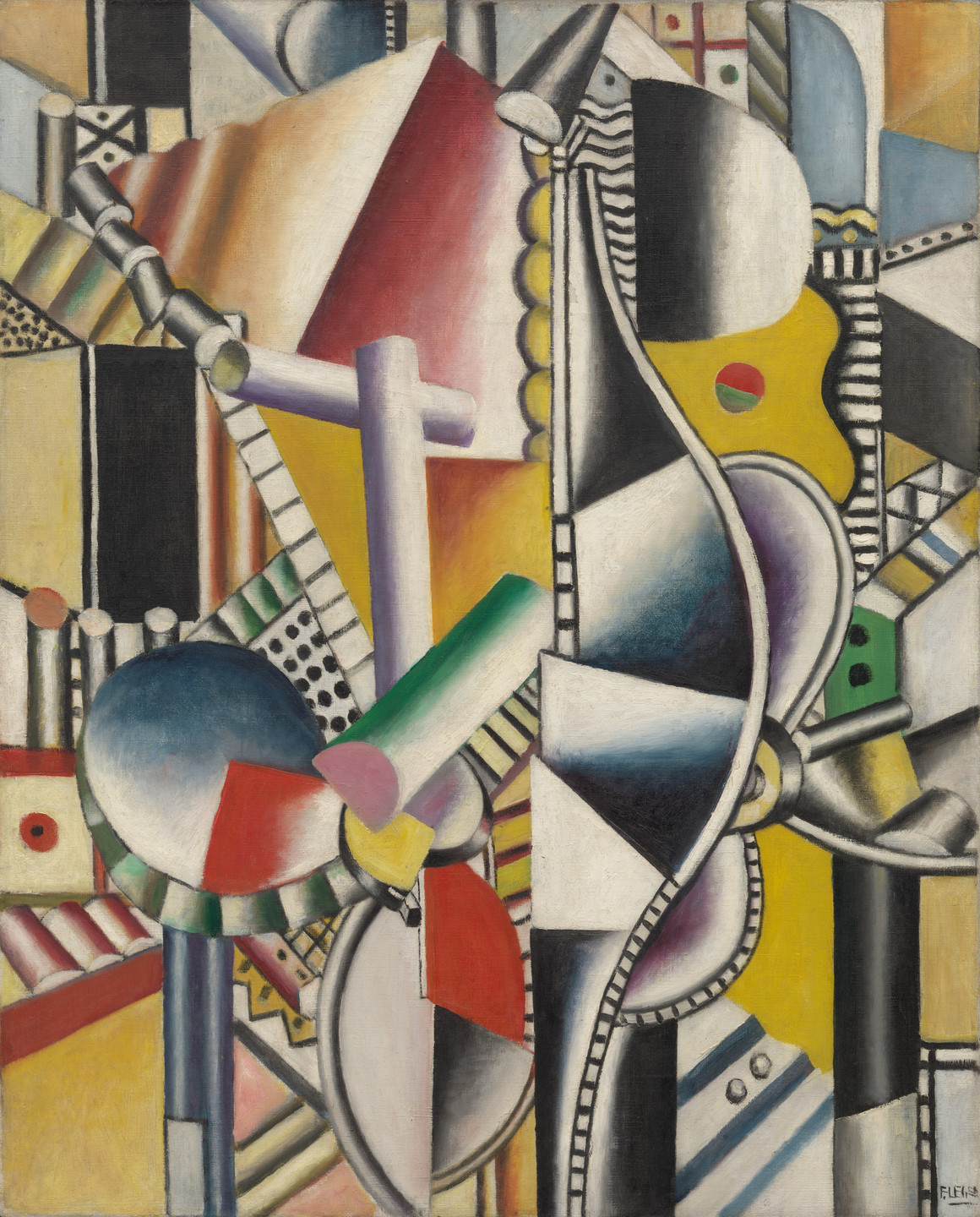 The image features an arrangement of geometric shapes, tubes, and lines in predominant colors of yellow, red, black, green, and blue. Various linear patterns and gradients intersect to create a layered composition. This is an AI generated description. To give feedback, email ai@moma.org.