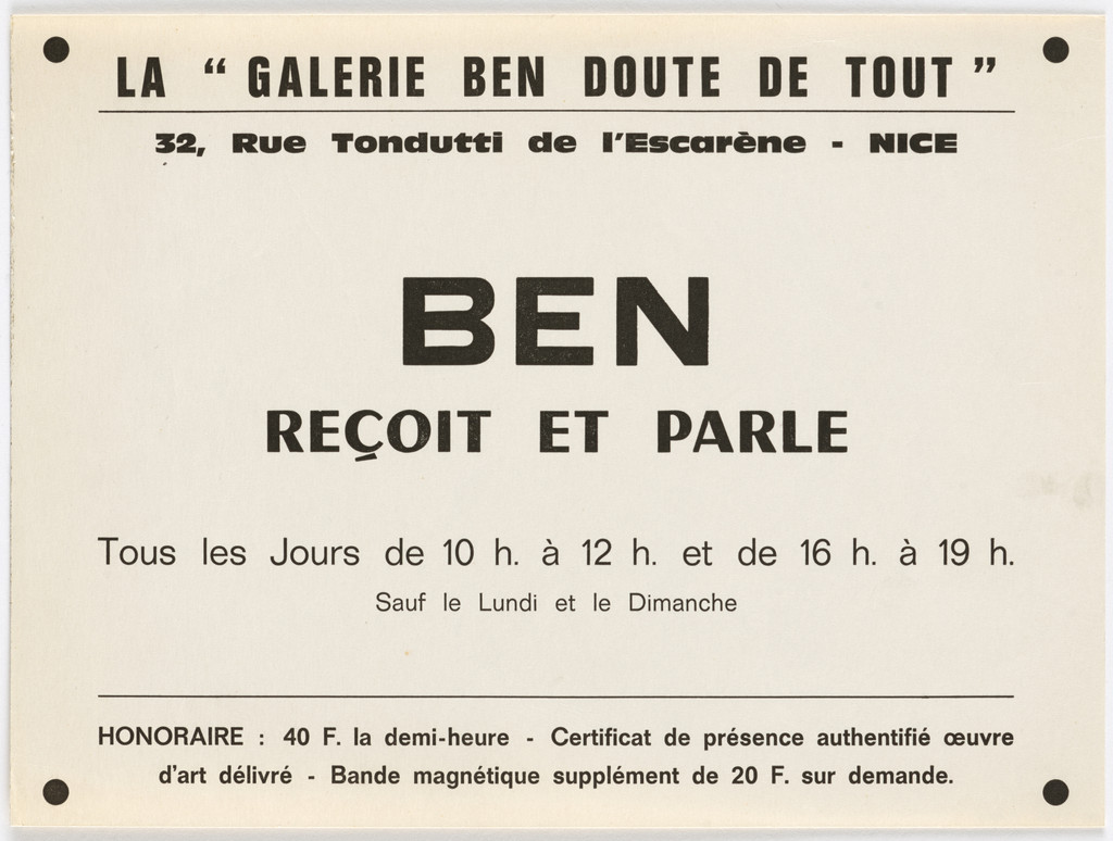Poster for Ben reçoit et parle, La Galerie Ben doute de tout, 32 rue Tonduti de l'Escarène, Nice
