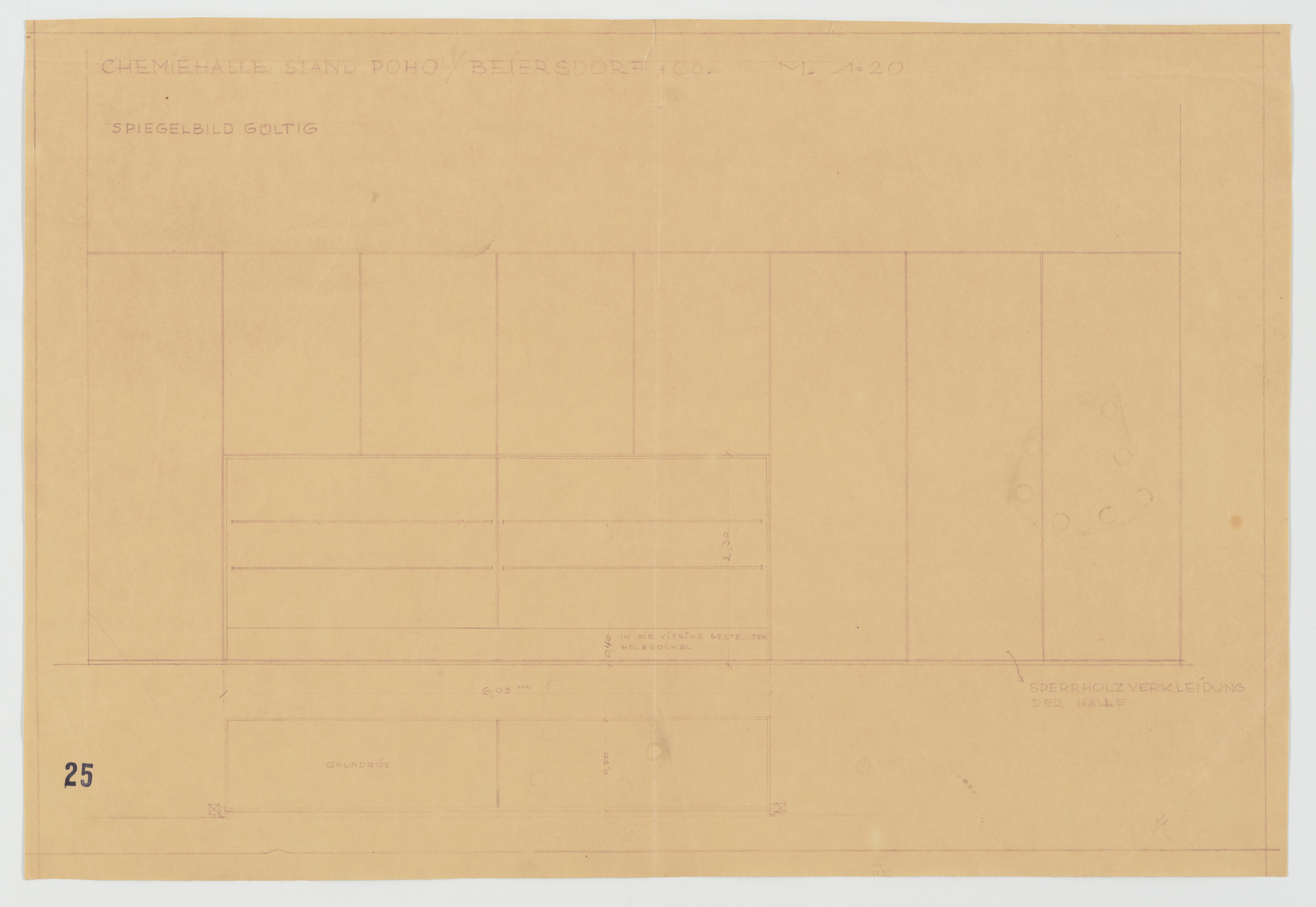 Lilly Reich. Barcelona Exhibition, German Section, Chemistry Hall, Barcelona, Spain (Elevation and plan. Stand for Poho and Beiersdorf. Vitrine and plywood wall covering.). 1929