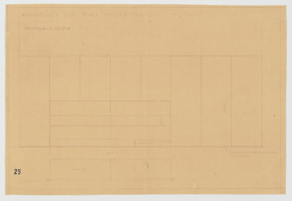Barcelona Exhibition, German Section, Chemistry Hall, Barcelona, Spain (Elevation and plan. Stand for Poho and Beiersdorf. Vitrine and plywood wall covering.)
