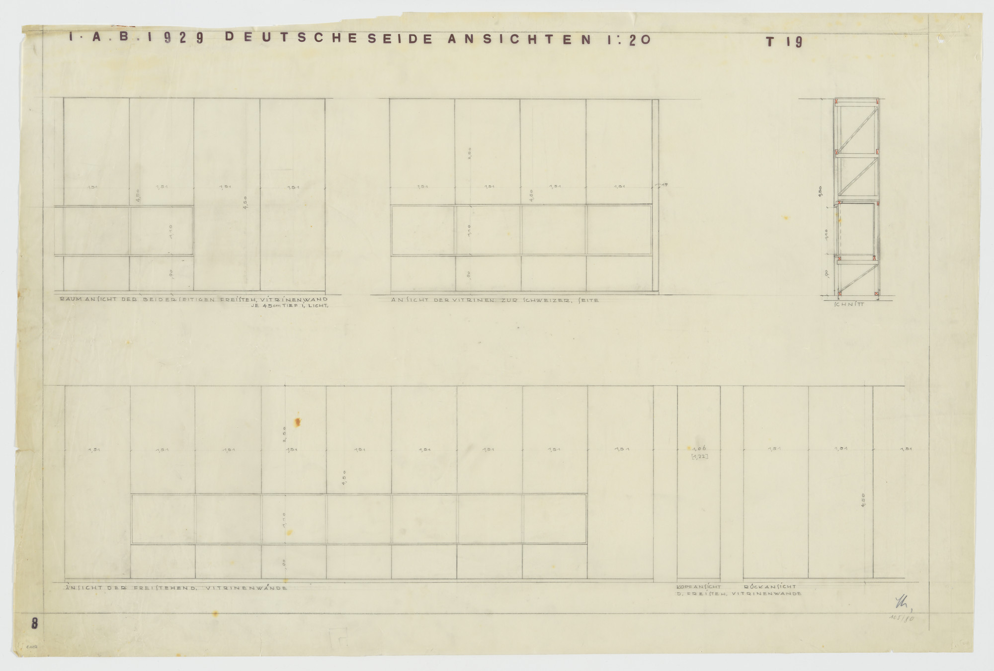 Lilly Reich. Barcelona Exhibition, German Section, Textile Palace, Barcelona, Spain (Elevations and section. Freestanding wall of vitrines.). 1929