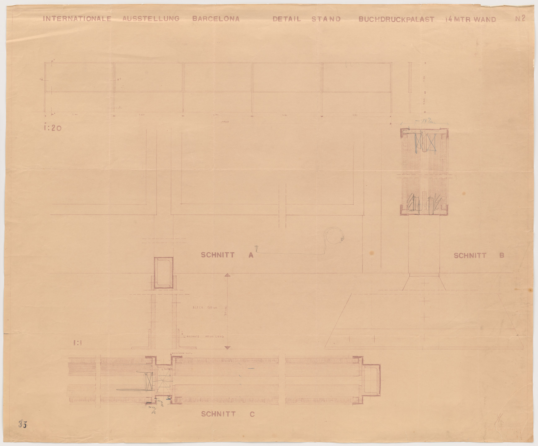 Ludwig Mies van der Rohe, Lilly Reich. Barcelona Exhibition, German Section, Book-printing Palace, Barcelona, Spain (Elevations and sections; wall). 1929