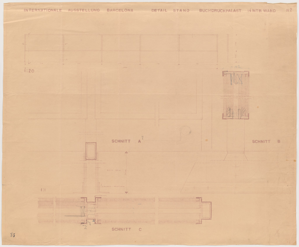 Barcelona Exhibition, German Section, Book-printing Palace, Barcelona, Spain (Elevations and sections; wall)