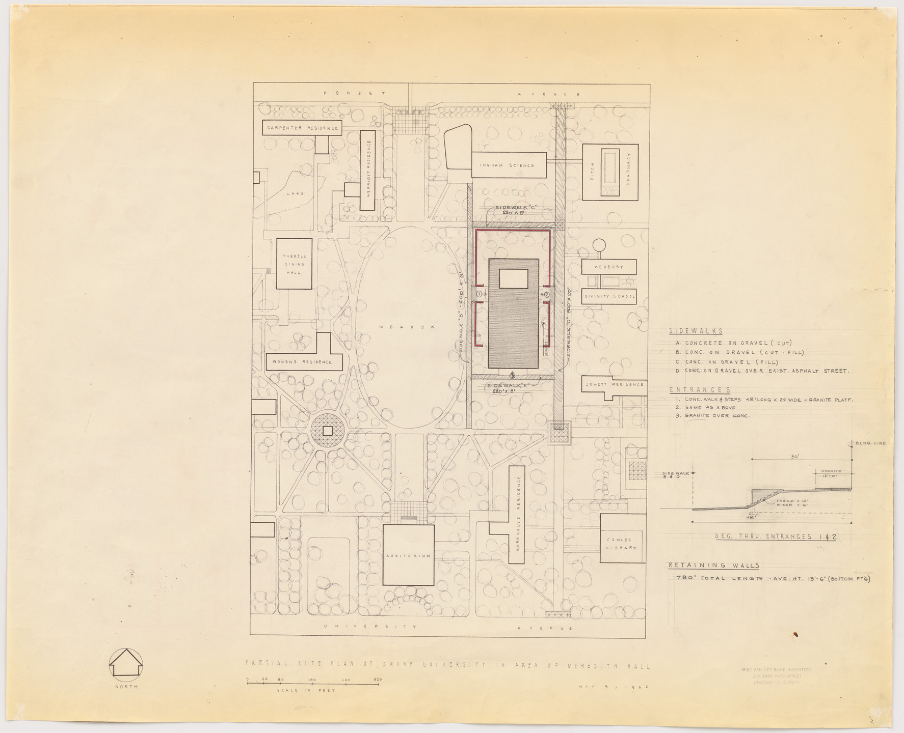 Ludwig Mies van der Rohe. Meredith Memorial Hall, Drake University, Des Moines, IA (Partial site plan). 1962–1965