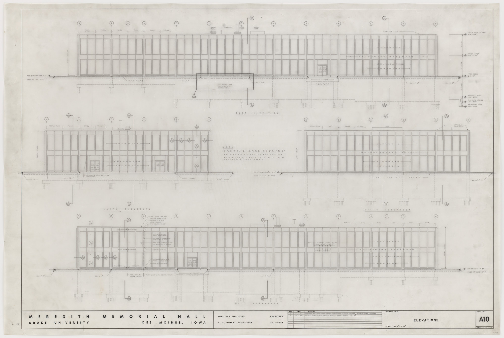 Ludwig Mies van der Rohe. Meredith Memorial Hall, Drake University, Des Moines, IA (Exterior elevations). 1962–1965